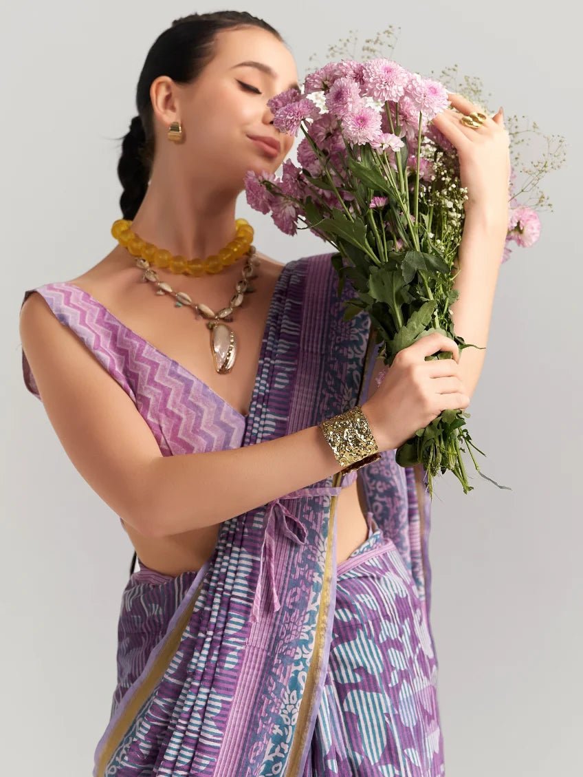 PURPLE LILAC MULMUL COTTON BLOCK PRINTED SAREE