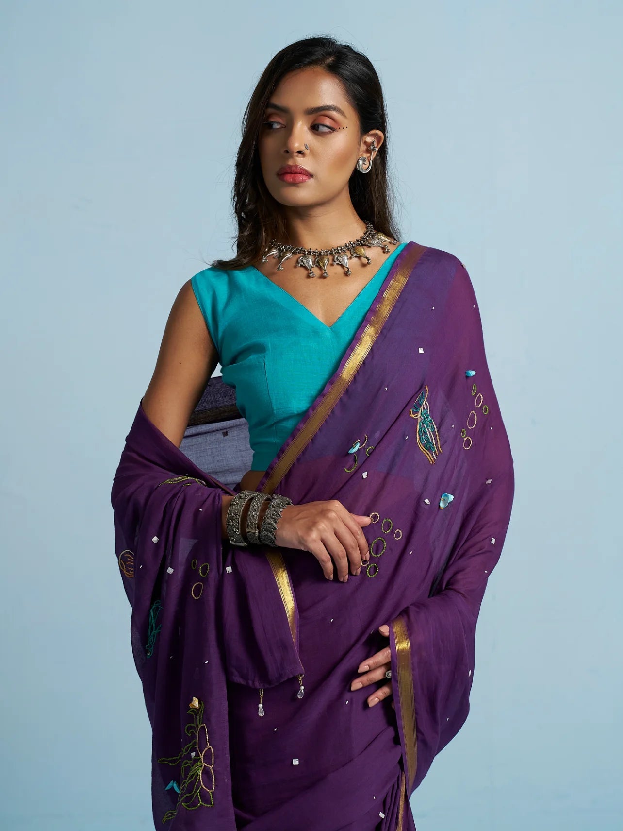 PURPLE VISCOSE MUL THREAD WORK SAREES