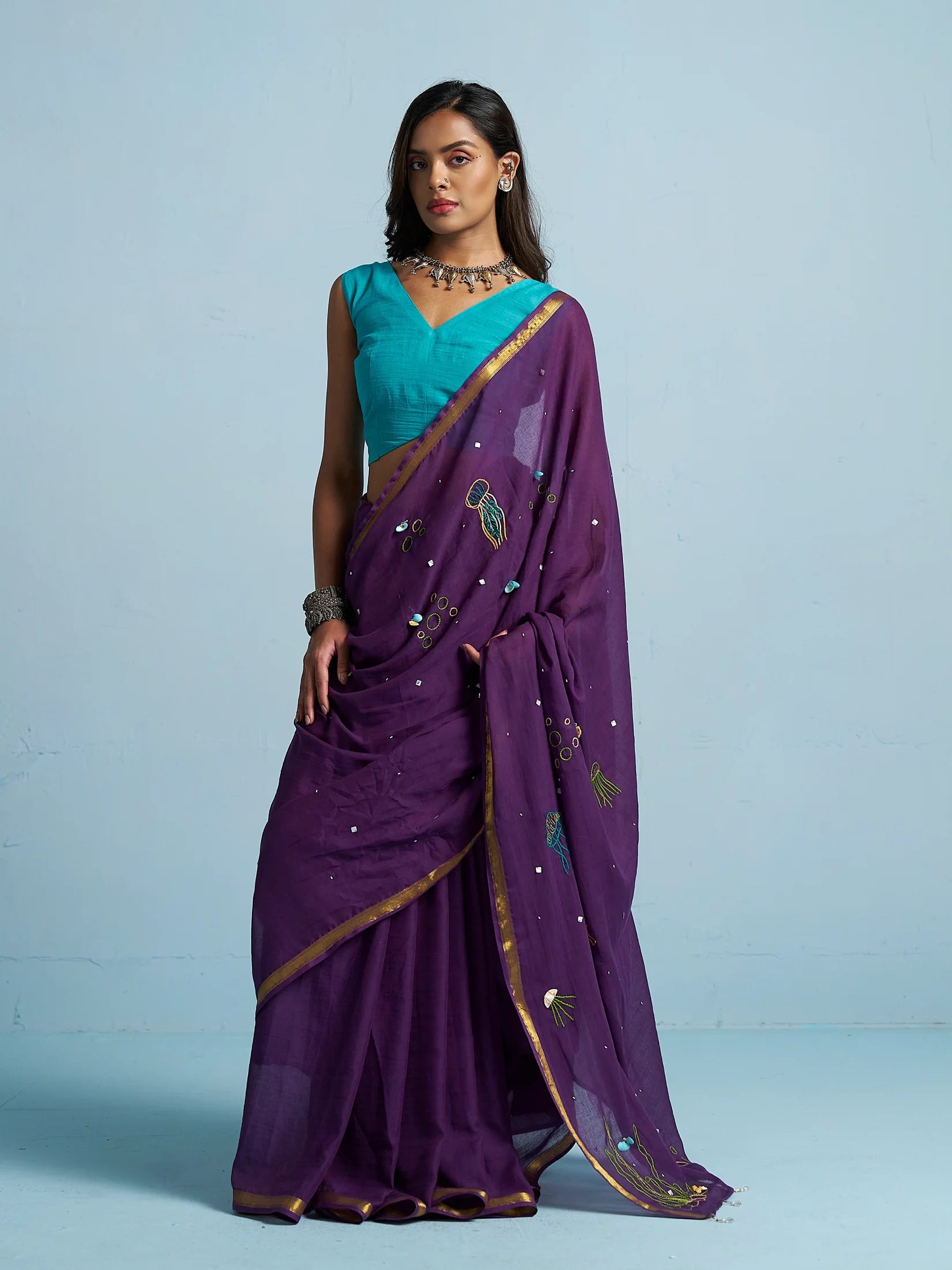 PURPLE VISCOSE MUL THREAD WORK SAREES