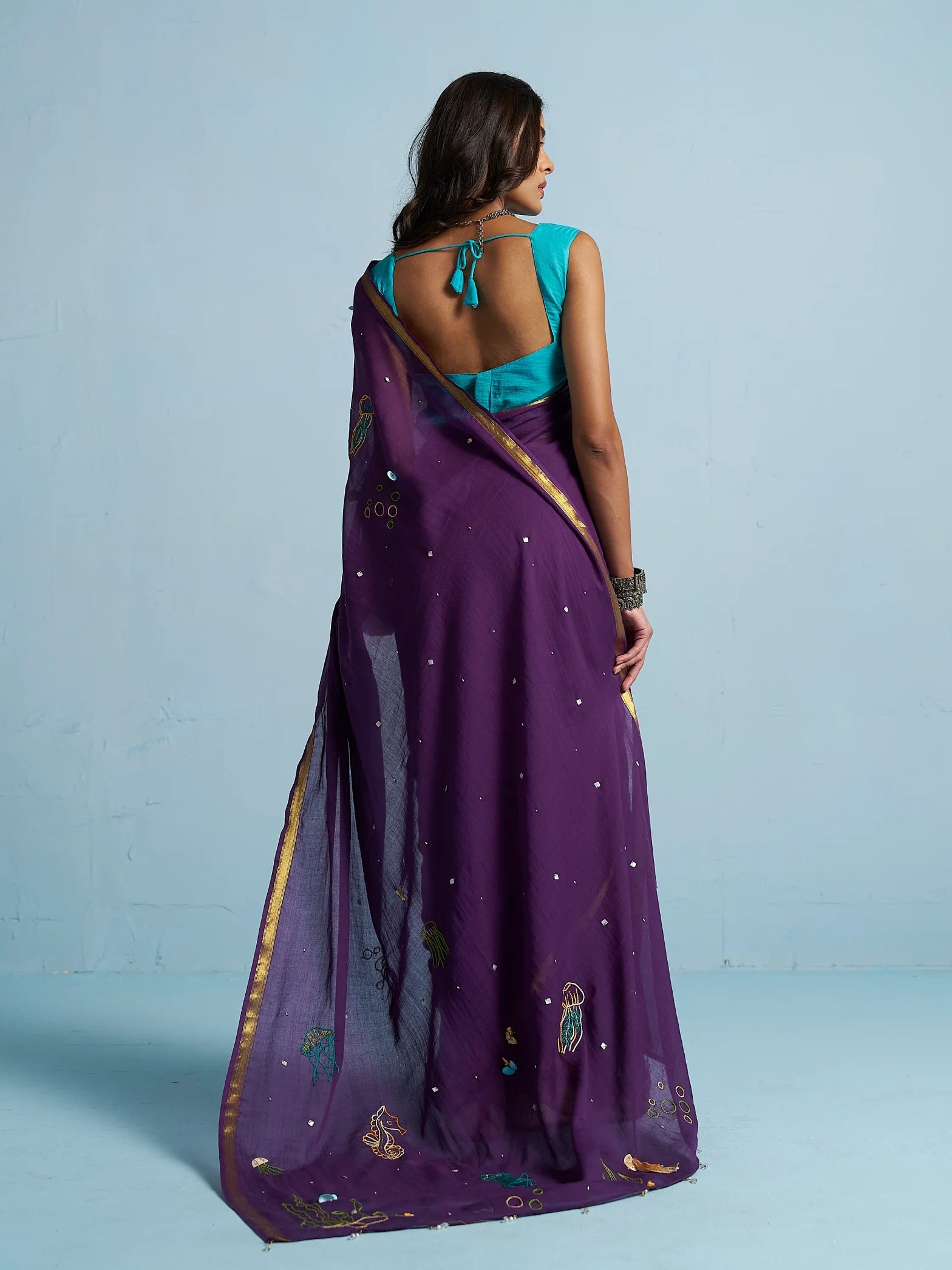 PURPLE VISCOSE MUL THREAD WORK SAREES