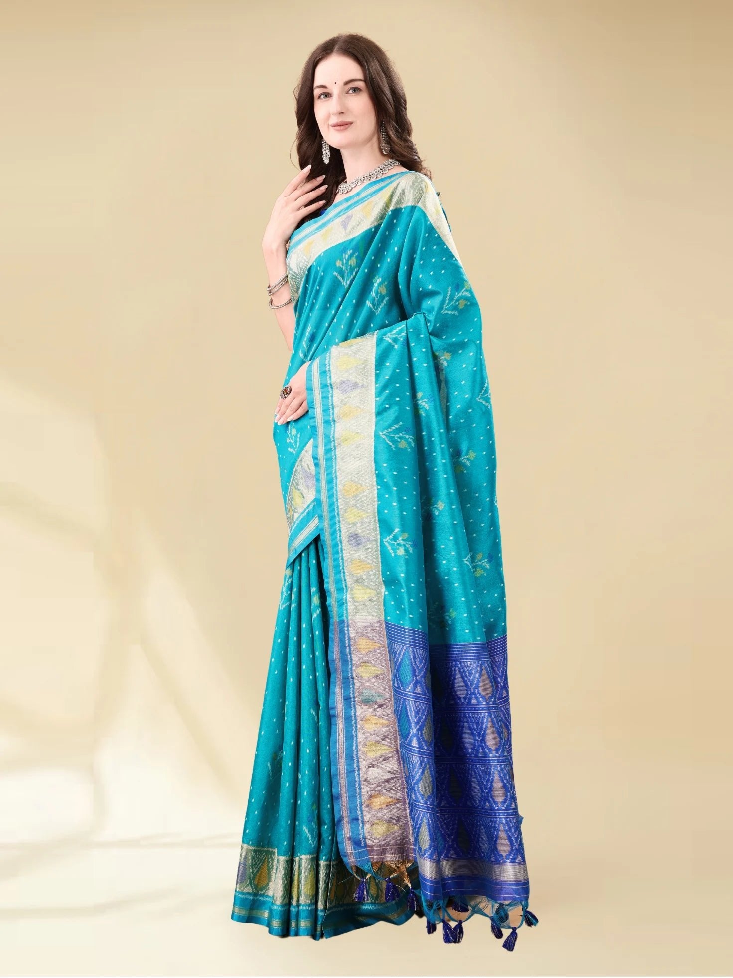 RAMA BLUE HANDWOVEN LEAF ART SILK SAREE
