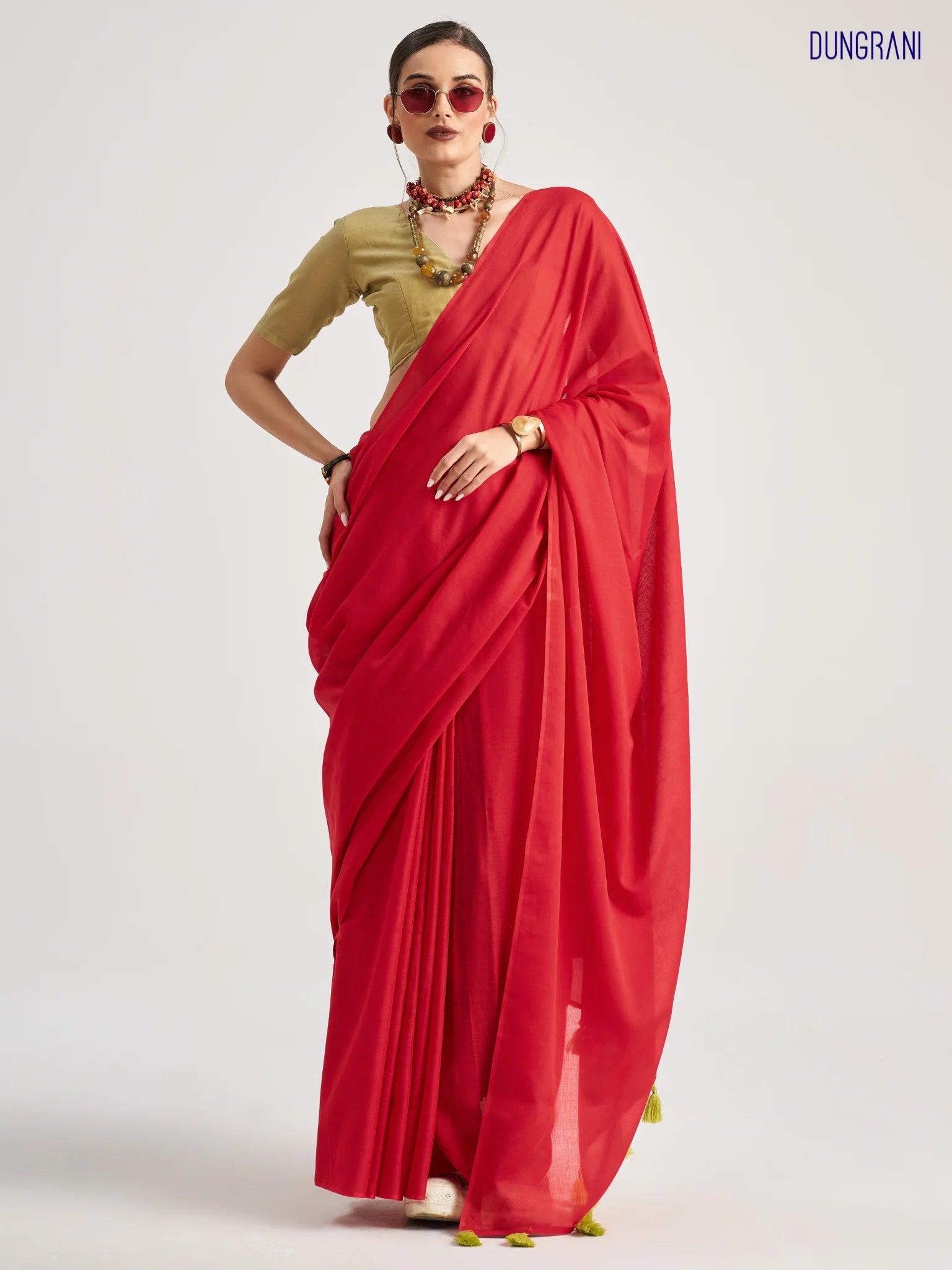 RED SHADE VISCOSE MUL LIVA SOLID SAREE