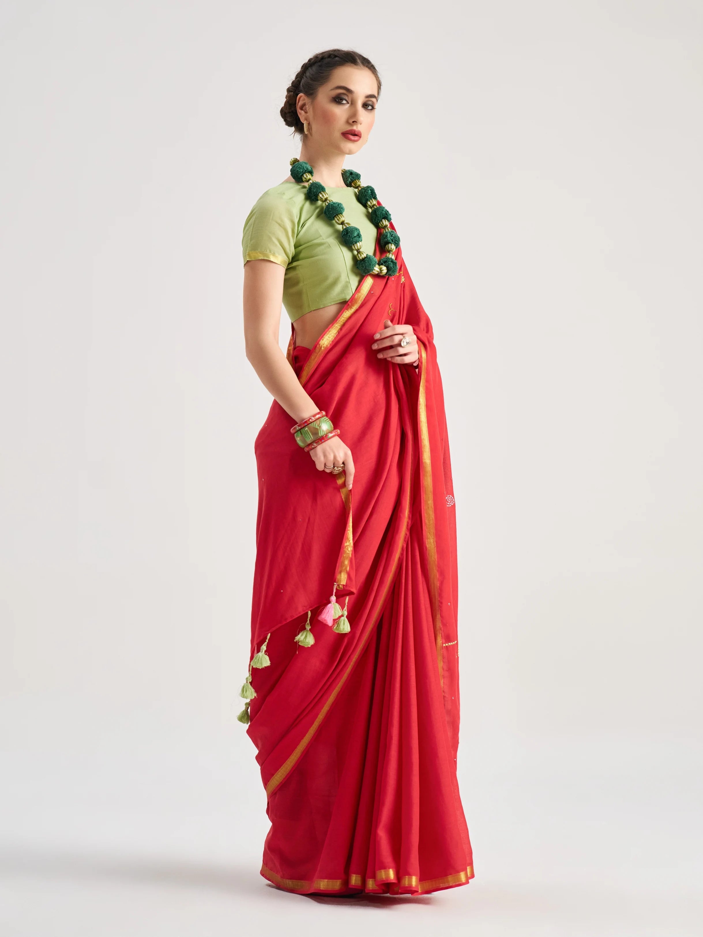 RED VISCOSE MUL ARIES VEDIC ZODIAC THREAD WORK SAREES
