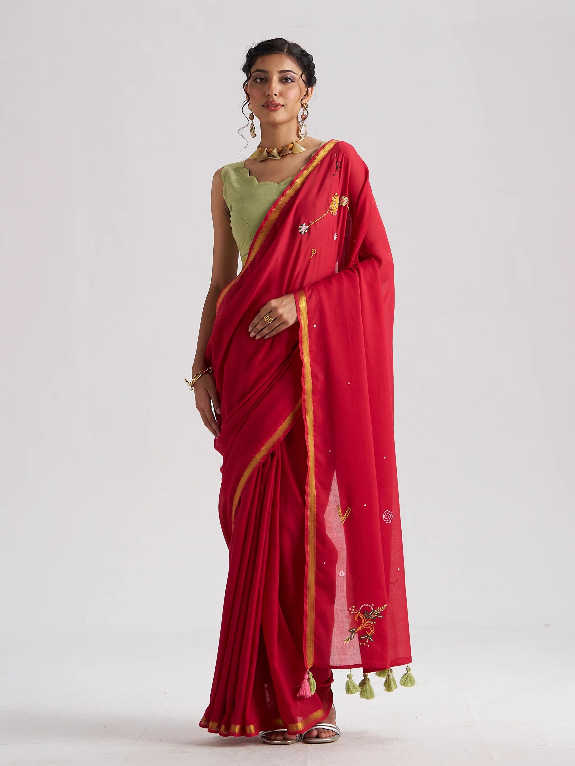 RED VISCOSE MUL THREAD WORK SAREES