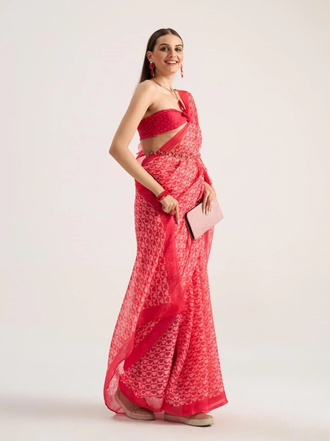 RED VISCOSE ORGANZA DIGITAL PRINTED SAREE