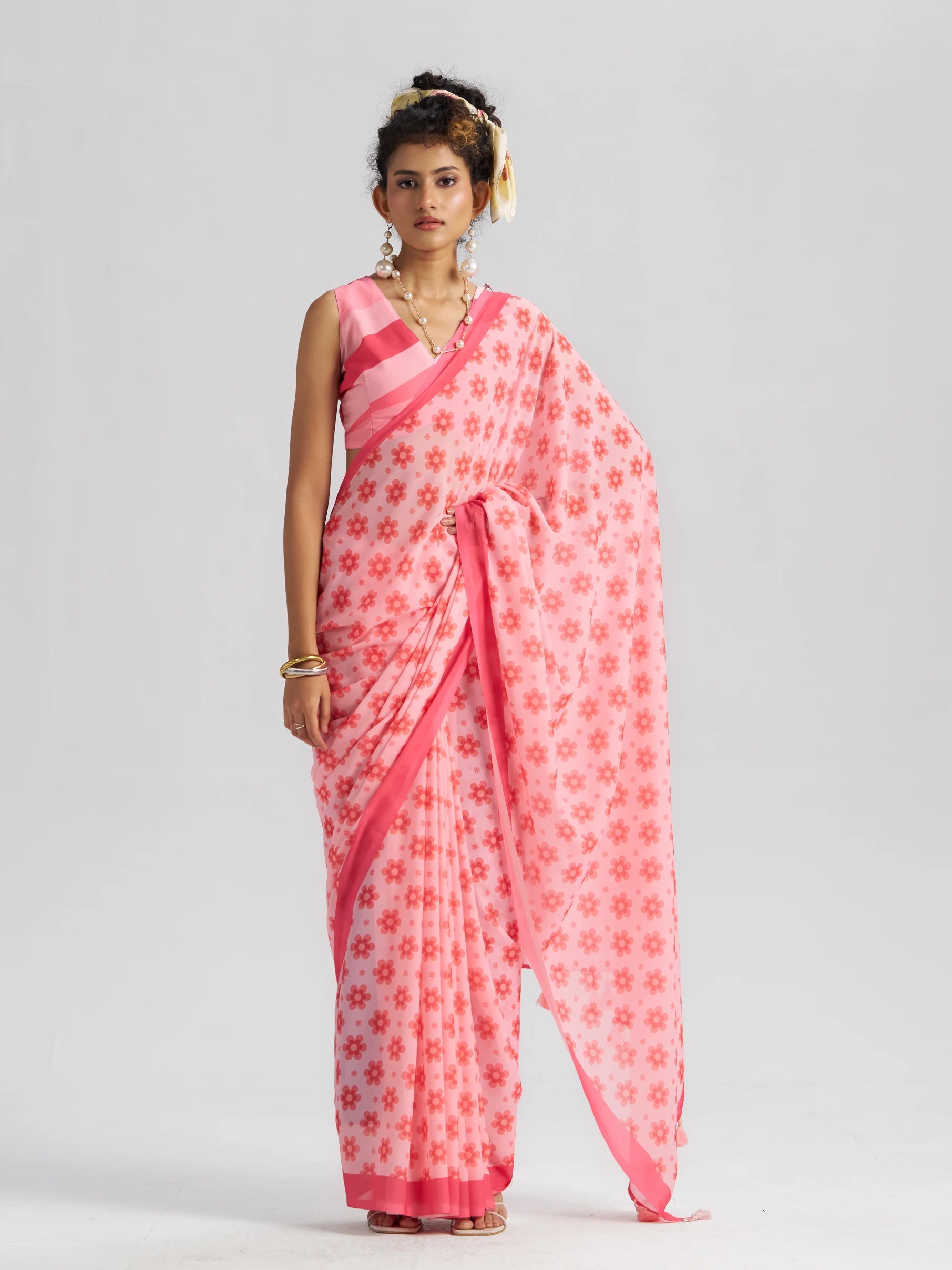 RETRO STYLE DIGITAL PRINTED BABY PINK GEORGETTE SAREE