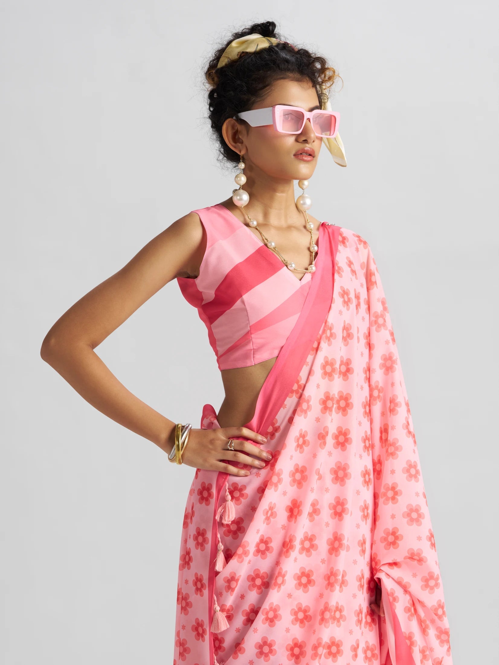 RETRO STYLE DIGITAL PRINTED BABY PINK GEORGETTE SAREE