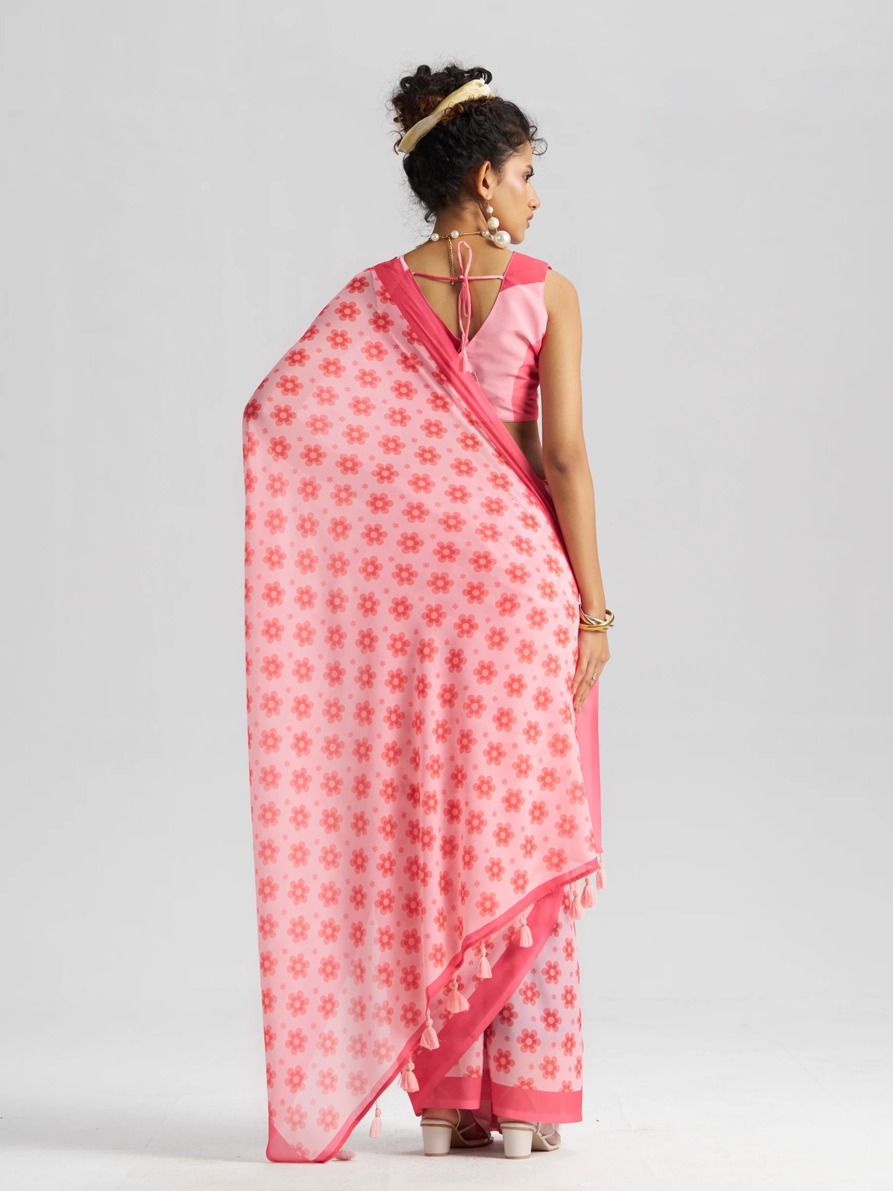 RETRO STYLE DIGITAL PRINTED BABY PINK GEORGETTE SAREE