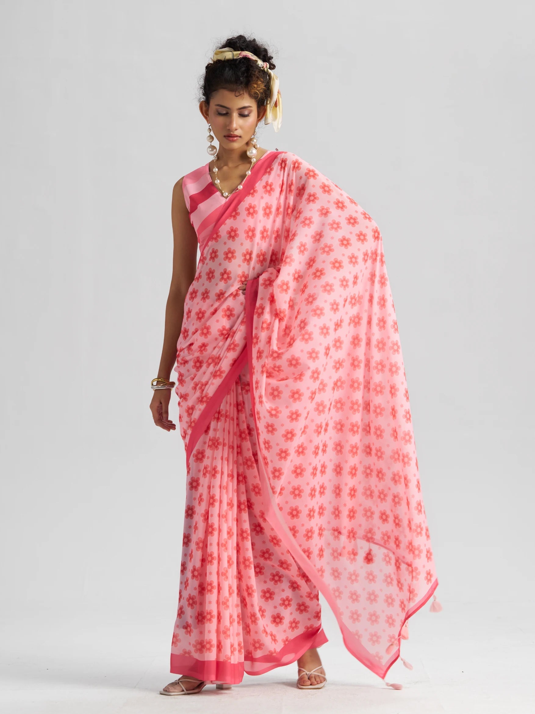 RETRO STYLE DIGITAL PRINTED BABY PINK GEORGETTE SAREE