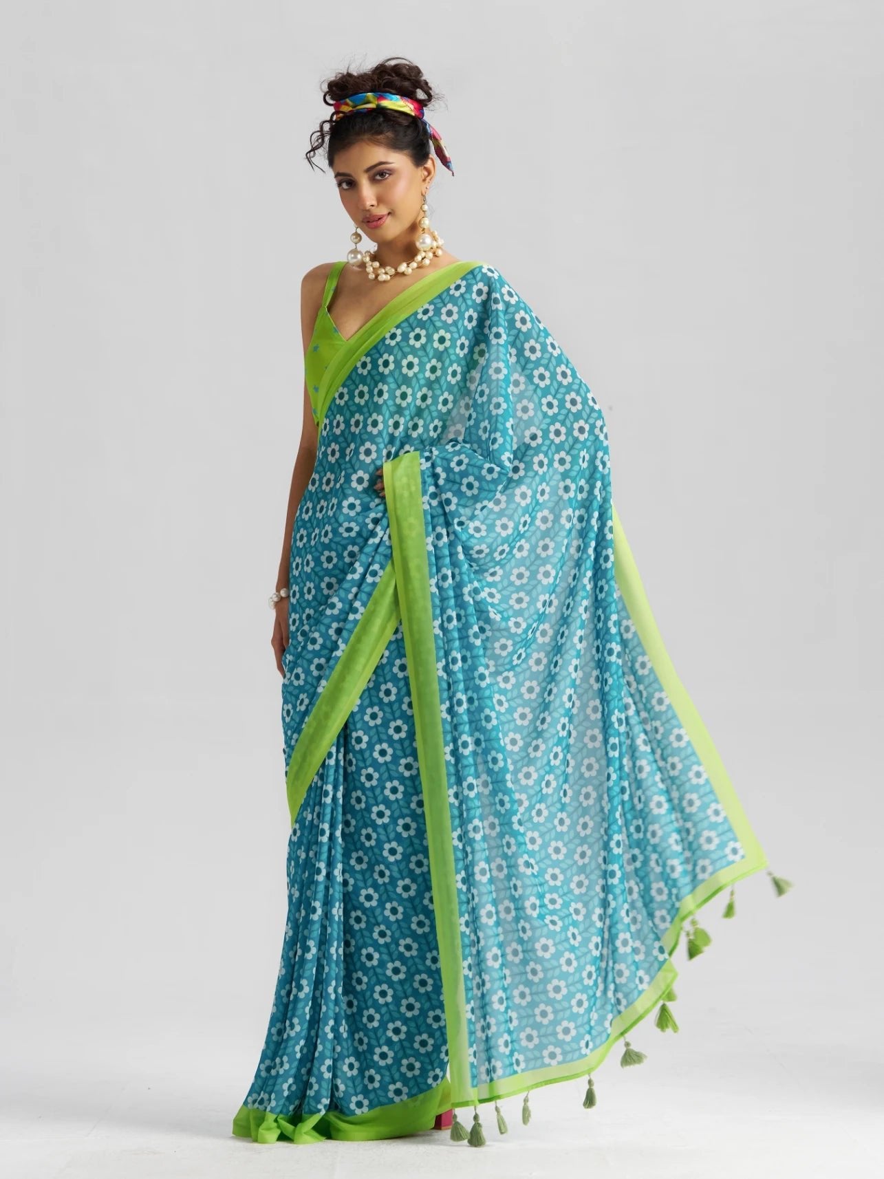RETRO STYLE DIGITAL PRINTED FIROZI BLUE GEORGETTE SAREE