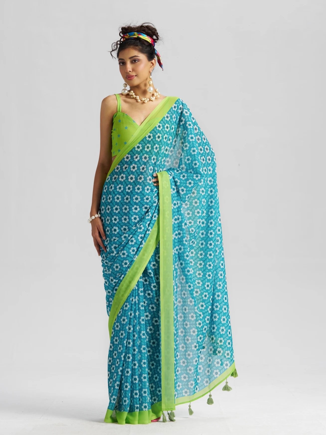 RETRO STYLE DIGITAL PRINTED FIROZI BLUE GEORGETTE SAREE