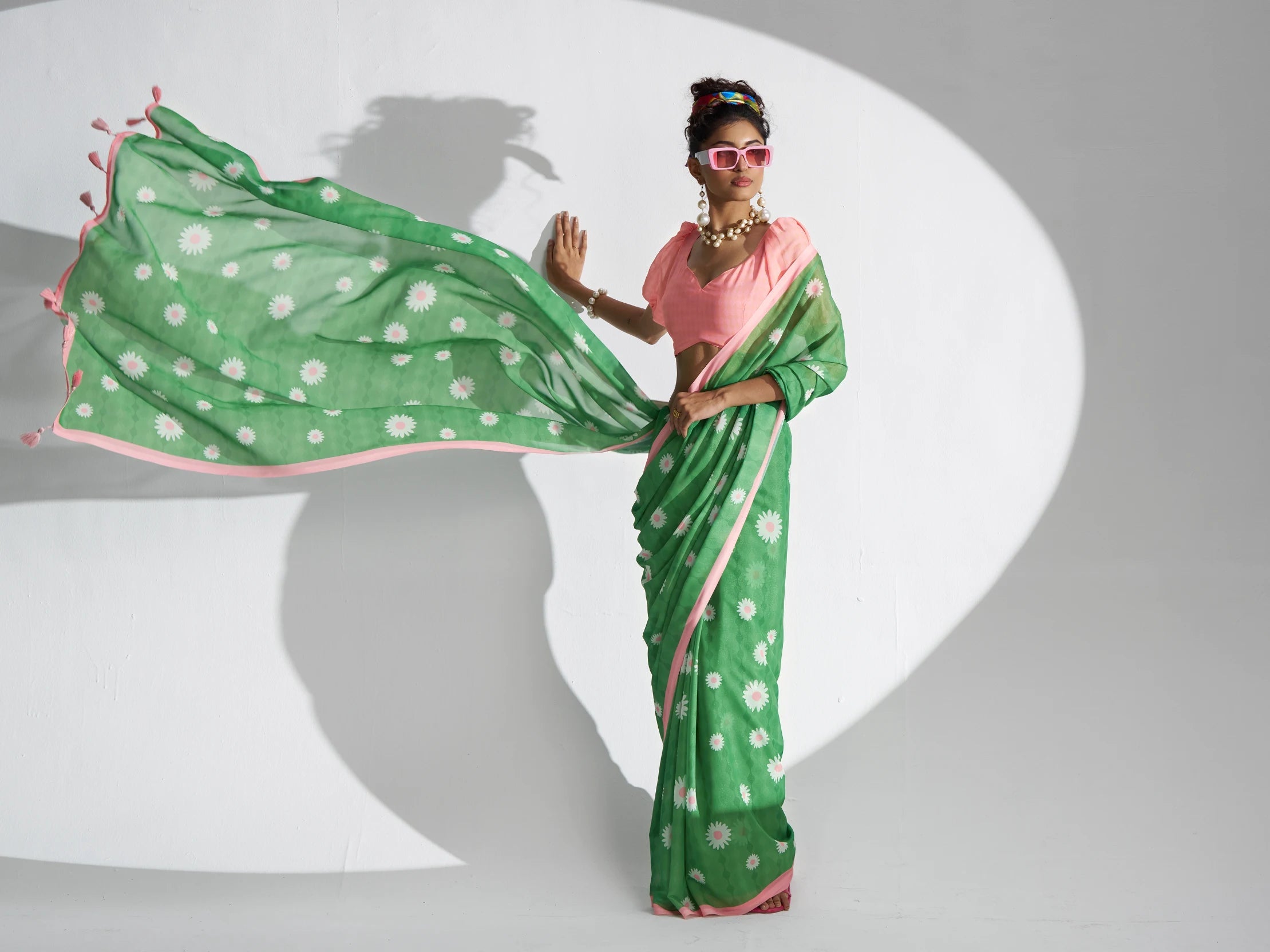 RETRO STYLE DIGITAL PRINTED GREEN GEORGETTE SAREE