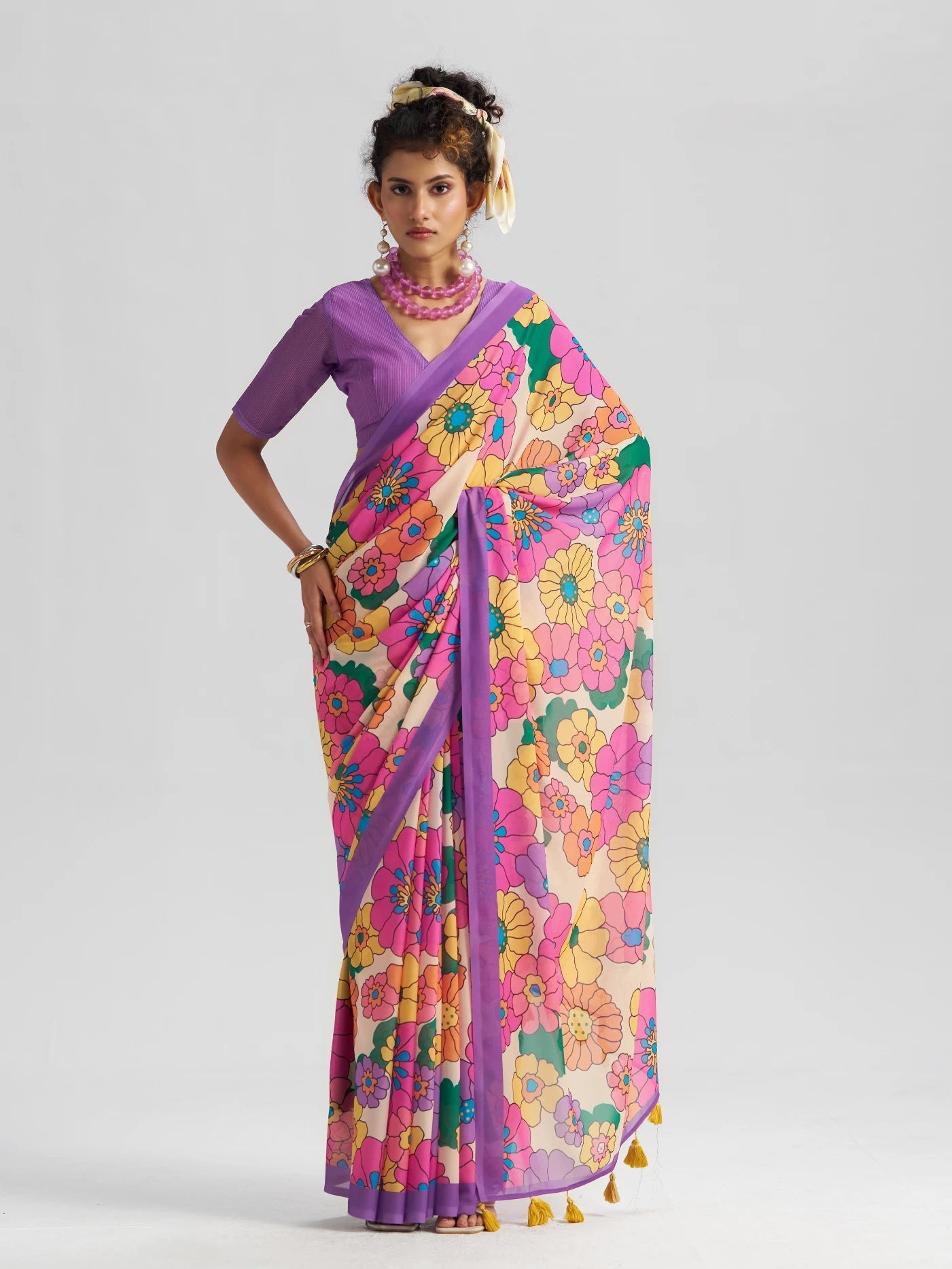 RETRO STYLE DIGITAL PRINTED LAVENDER GEORGETTE SAREE