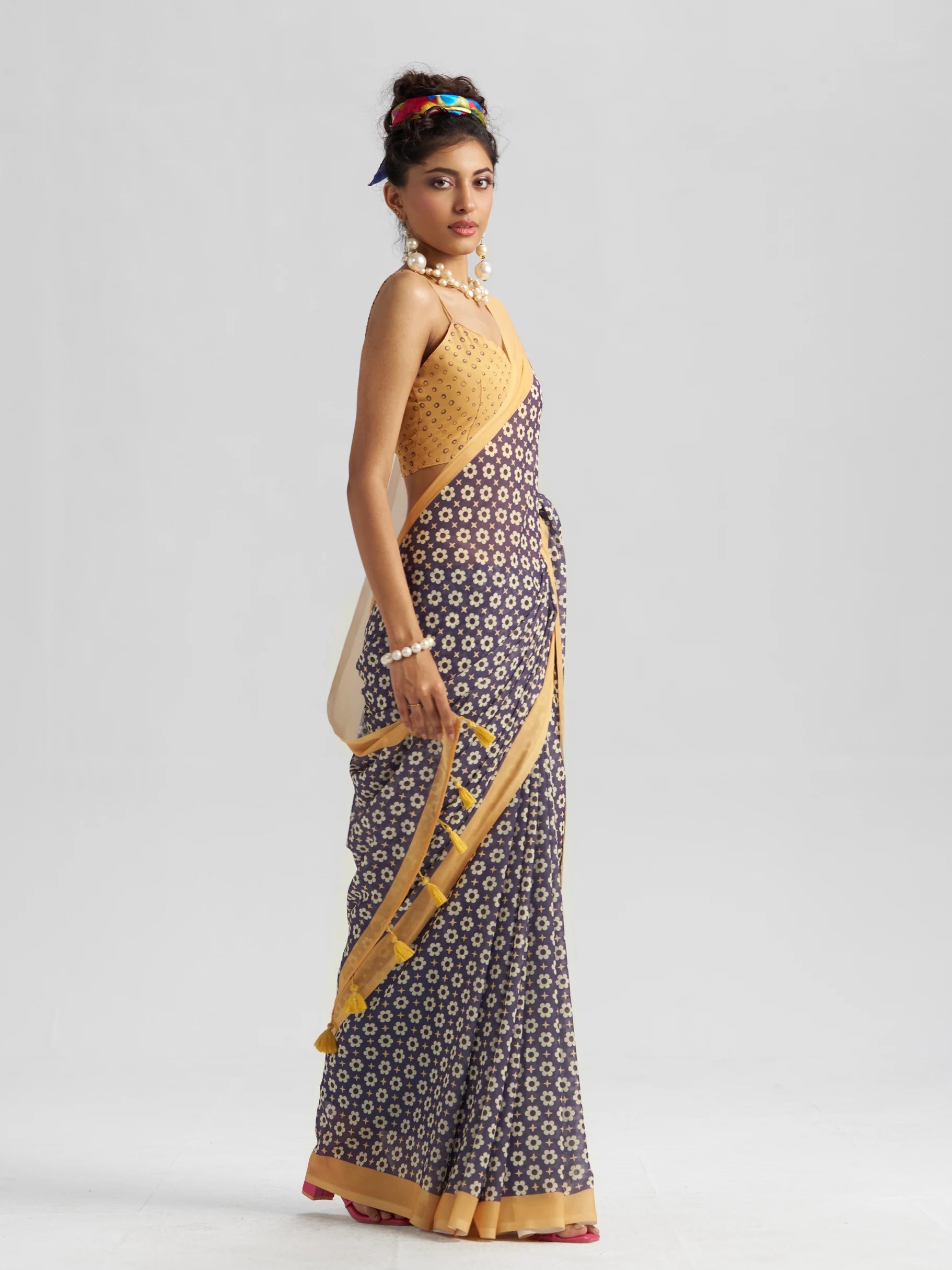 RETRO STYLE DIGITAL PRINTED MIDNIGHT BLUE GEORGETTE SAREE