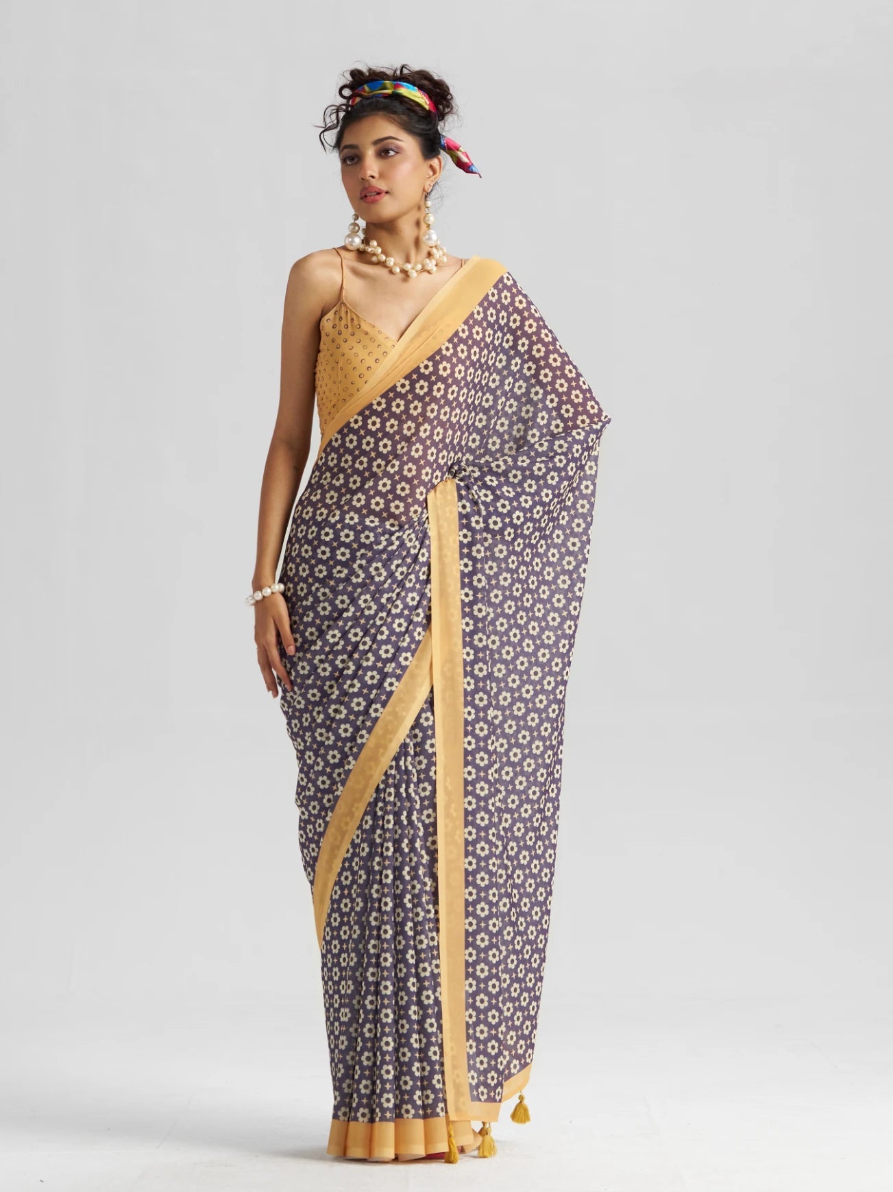 RETRO STYLE DIGITAL PRINTED MIDNIGHT BLUE GEORGETTE SAREE