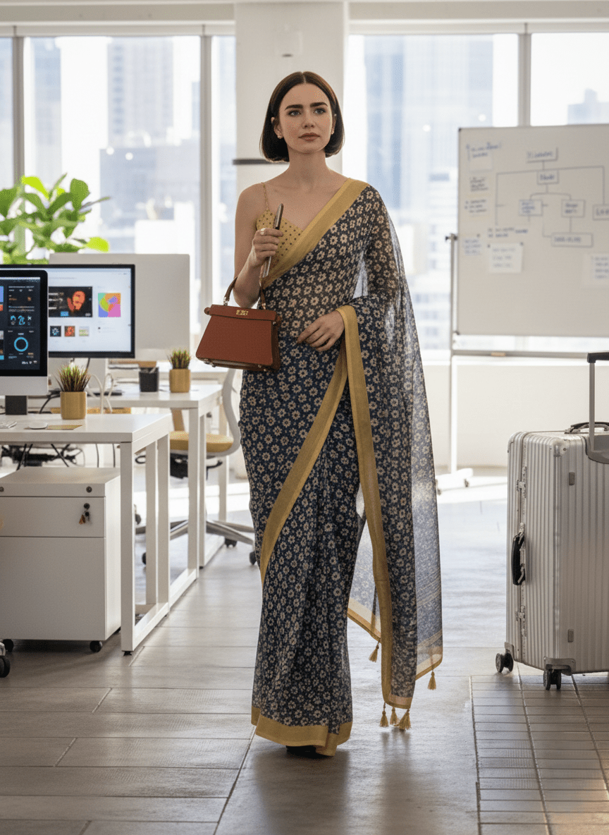 RETRO STYLE DIGITAL PRINTED MIDNIGHT BLUE GEORGETTE SAREE