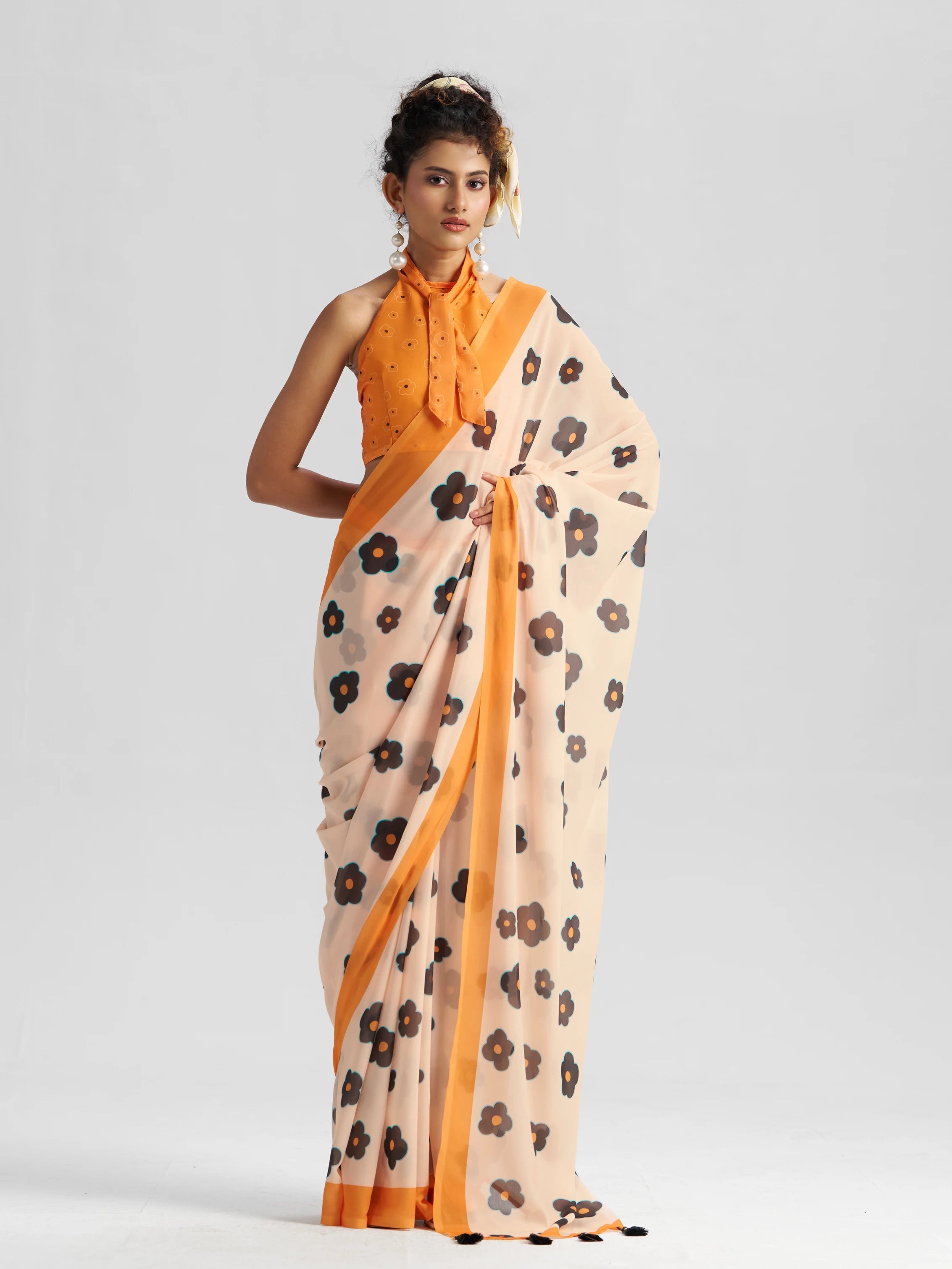 RETRO STYLE DIGITAL PRINTED MUSTARD BEIGE GEORGETTE SAREE