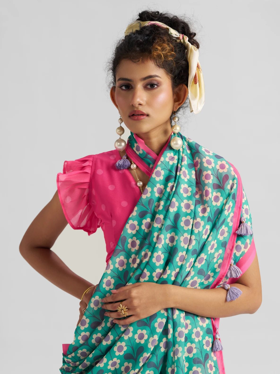 RETRO STYLE DIGITAL PRINTED RAMA GREEN GEORGETTE SAREE