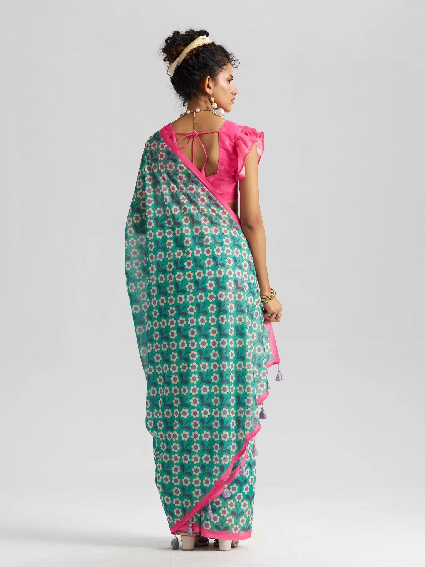 RETRO STYLE DIGITAL PRINTED RAMA GREEN GEORGETTE SAREE