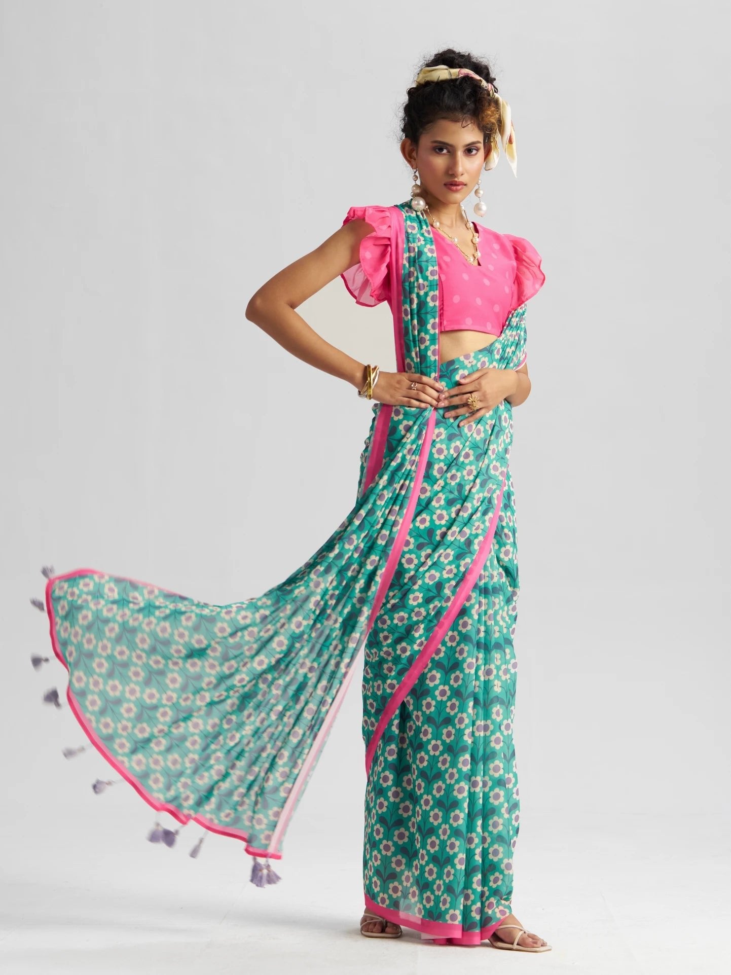 RETRO STYLE DIGITAL PRINTED RAMA GREEN GEORGETTE SAREE