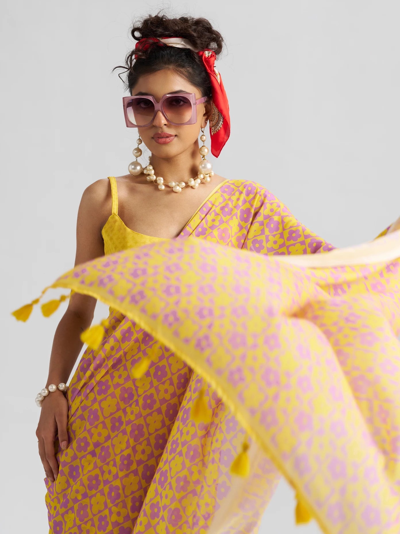 RETRO STYLE DIGITAL PRINTED YELLOW GEORGETTE SAREE