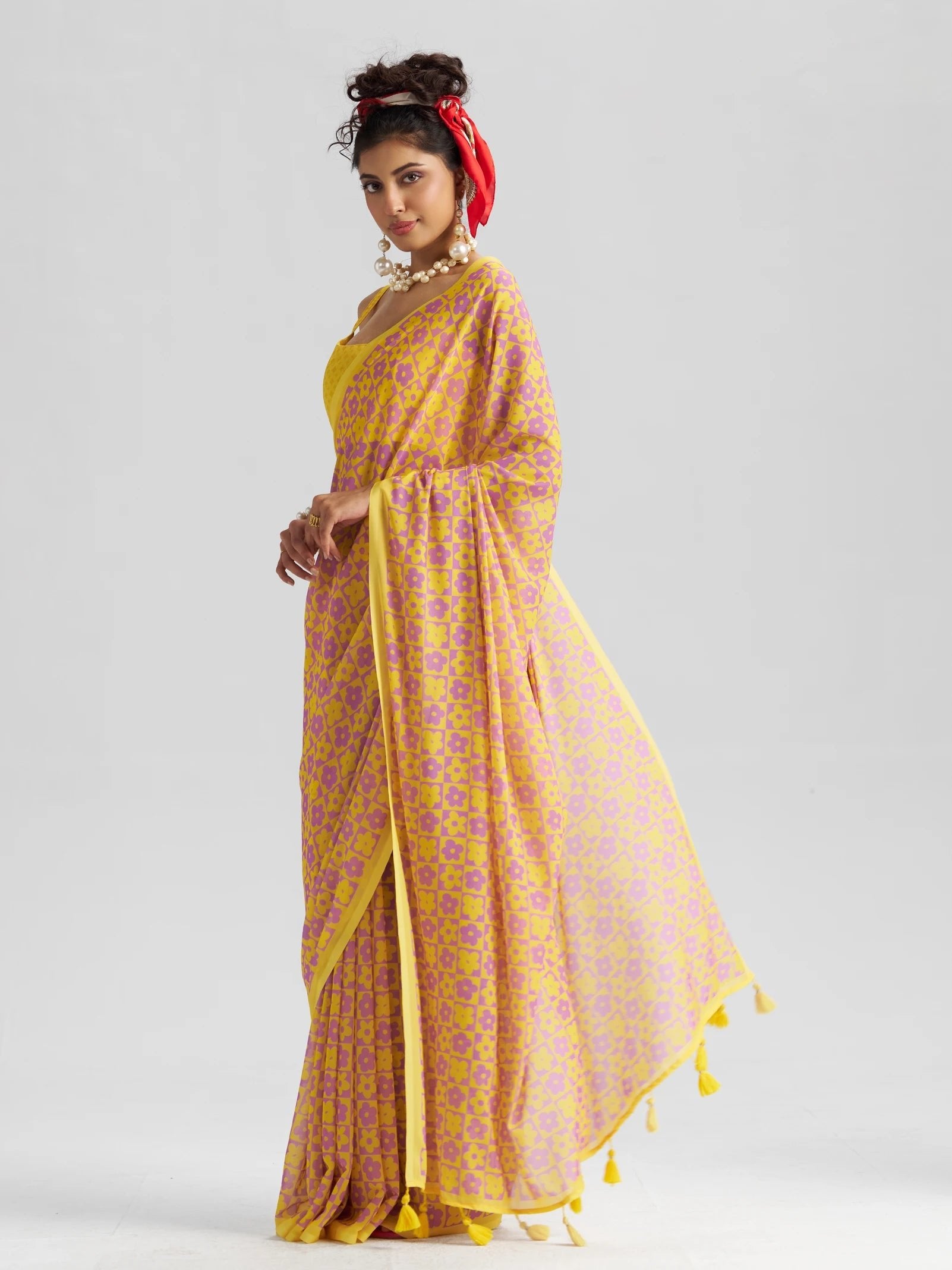 RETRO STYLE DIGITAL PRINTED YELLOW GEORGETTE SAREE