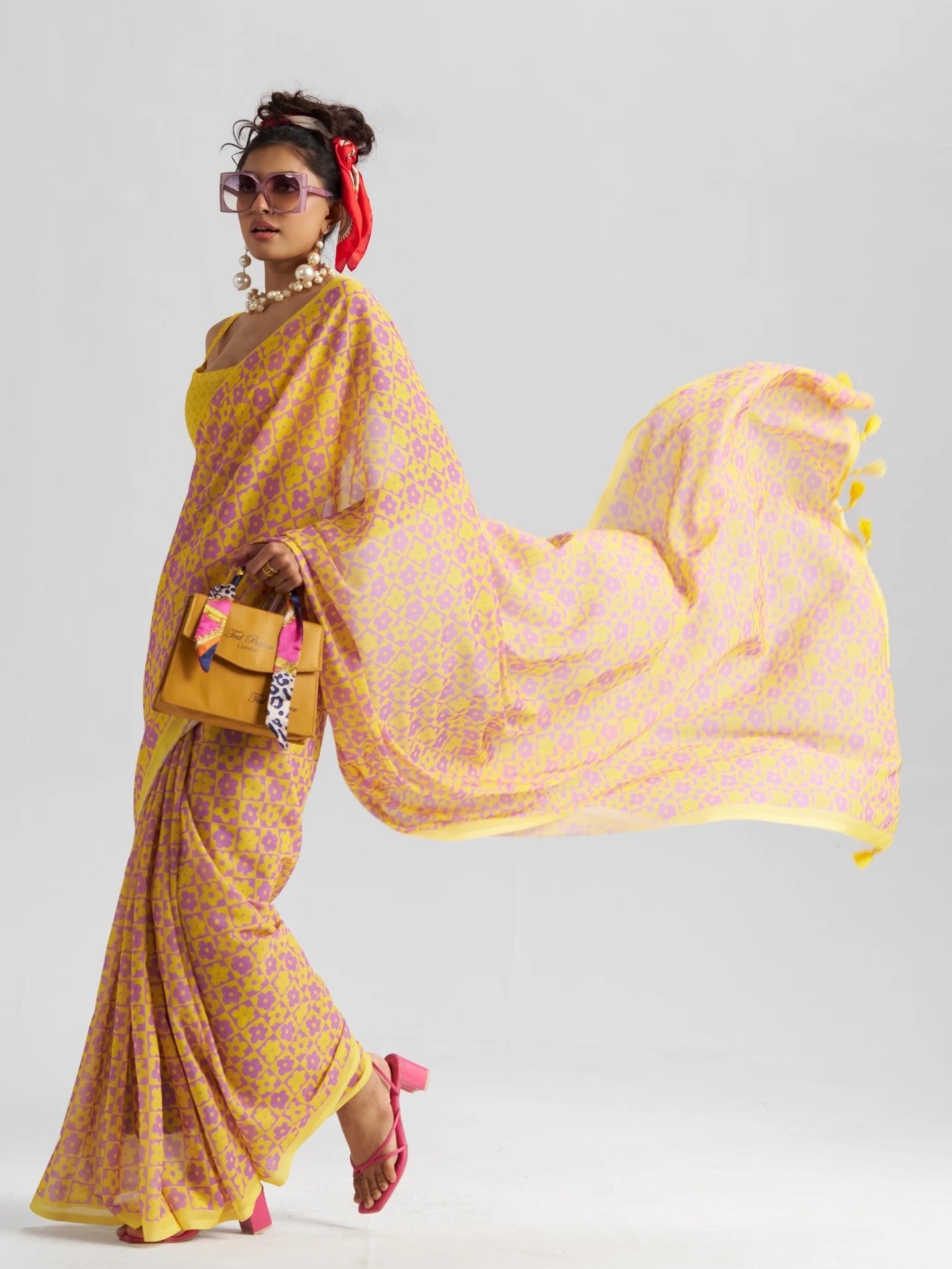 RETRO STYLE DIGITAL PRINTED YELLOW GEORGETTE SAREE
