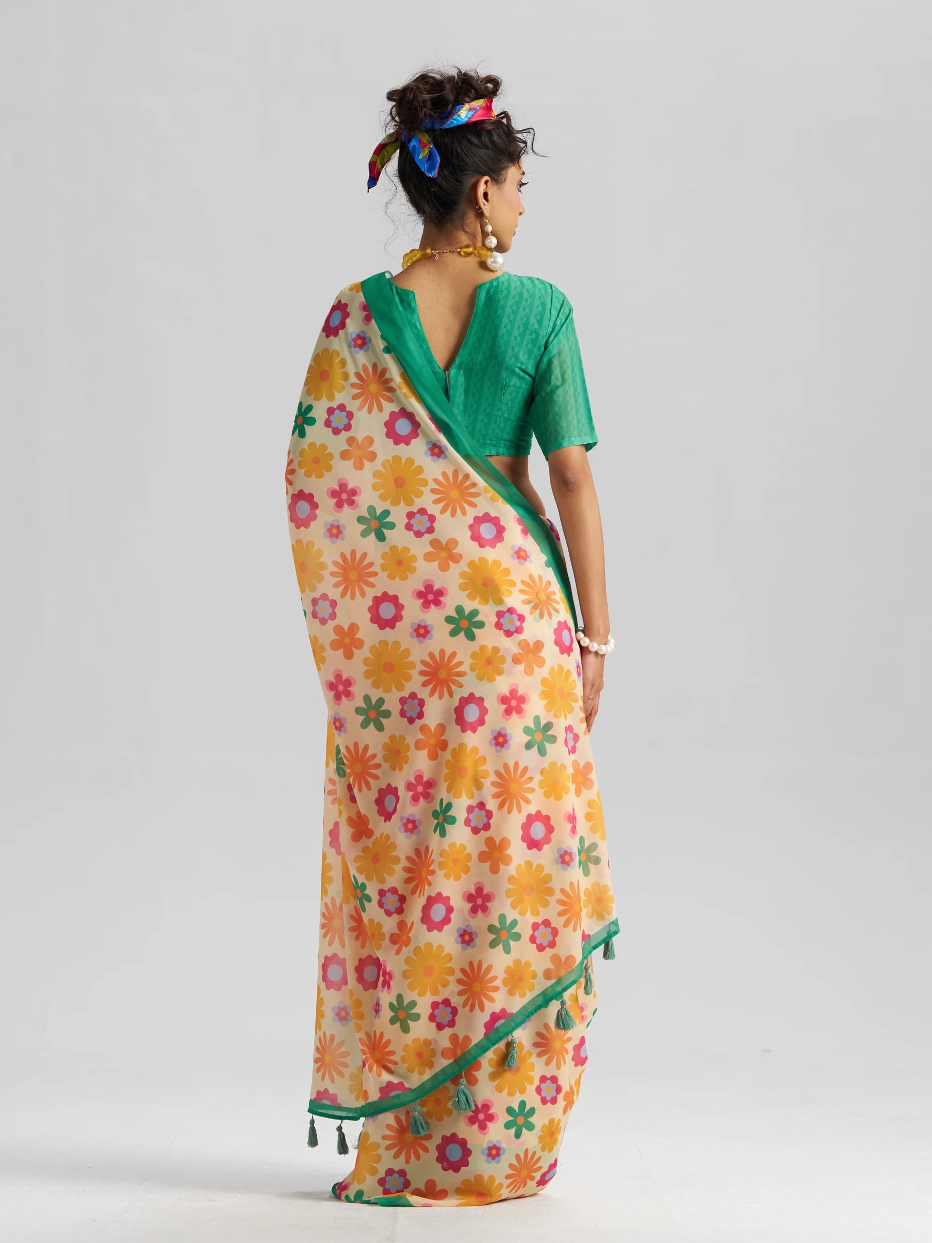 RETRO STYLE DIGITAL PRINTED YELLOW & GREEN GEORGETTE SAREE
