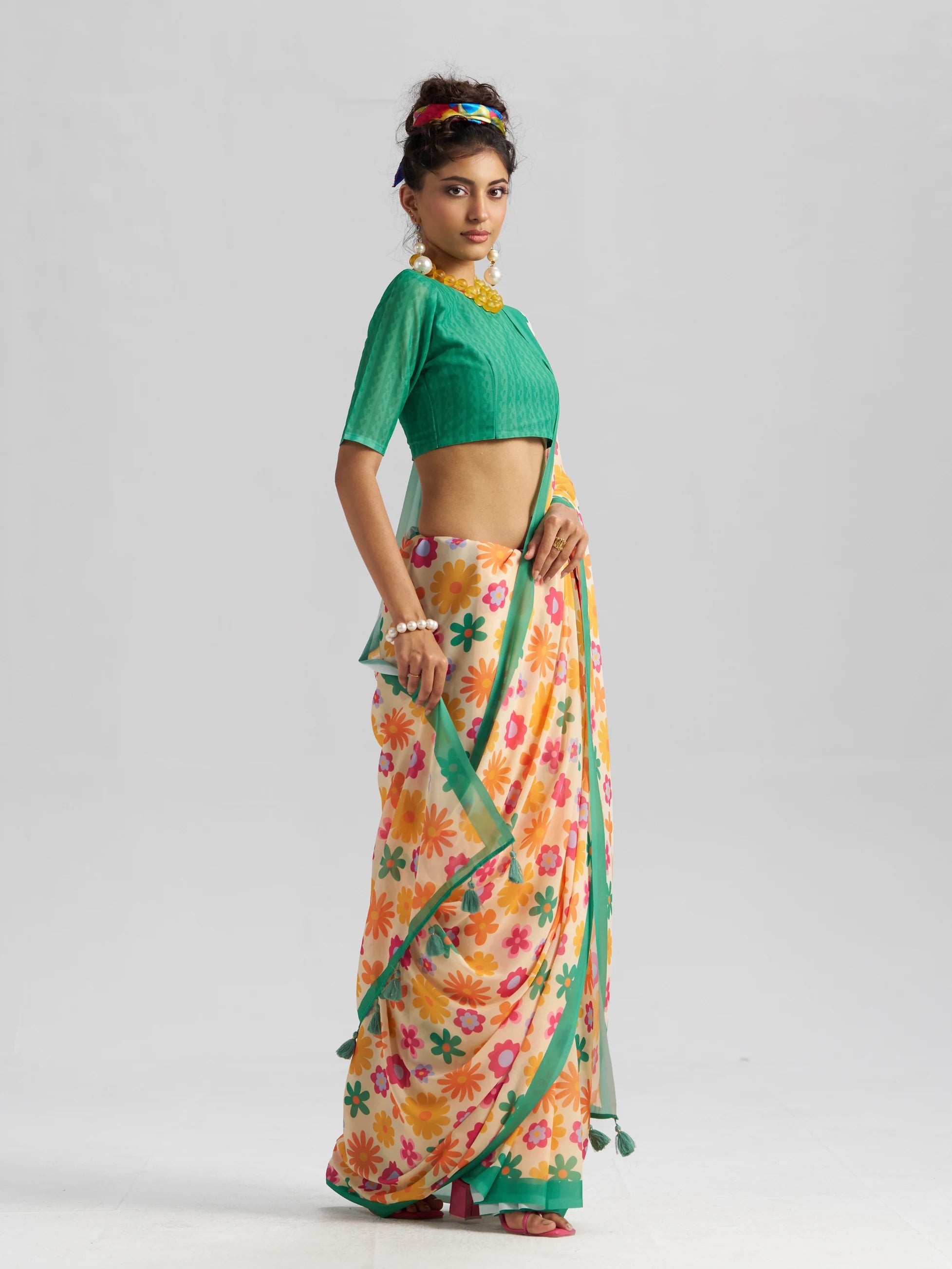 RETRO STYLE DIGITAL PRINTED YELLOW & GREEN GEORGETTE SAREE