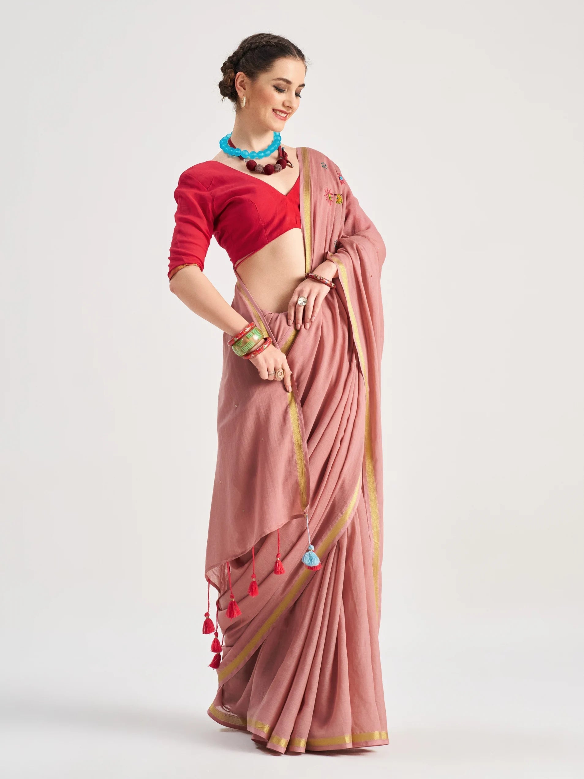 ROSE PINK MULMUL COTTON CANCER VEDIC ZODIAC THREAD WORK SAREES