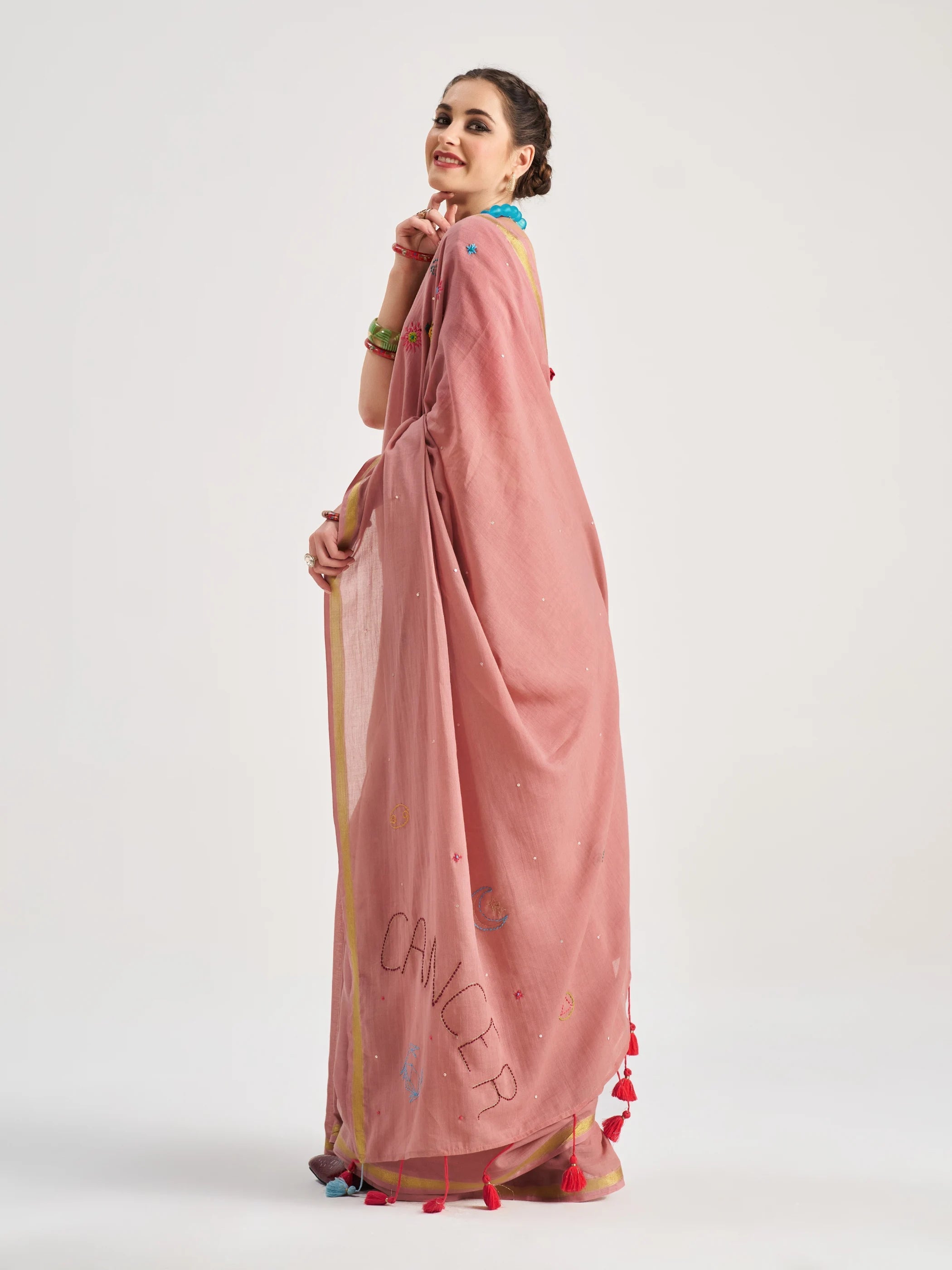 ROSE PINK MULMUL COTTON CANCER VEDIC ZODIAC THREAD WORK SAREES