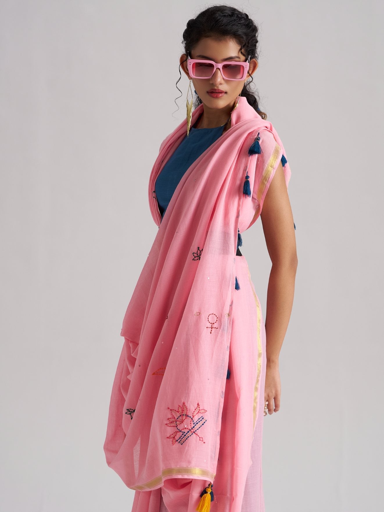 ROSE PINK VISCOSE MUL LIBRA CELESTIAL THREAD WORK SAREES
