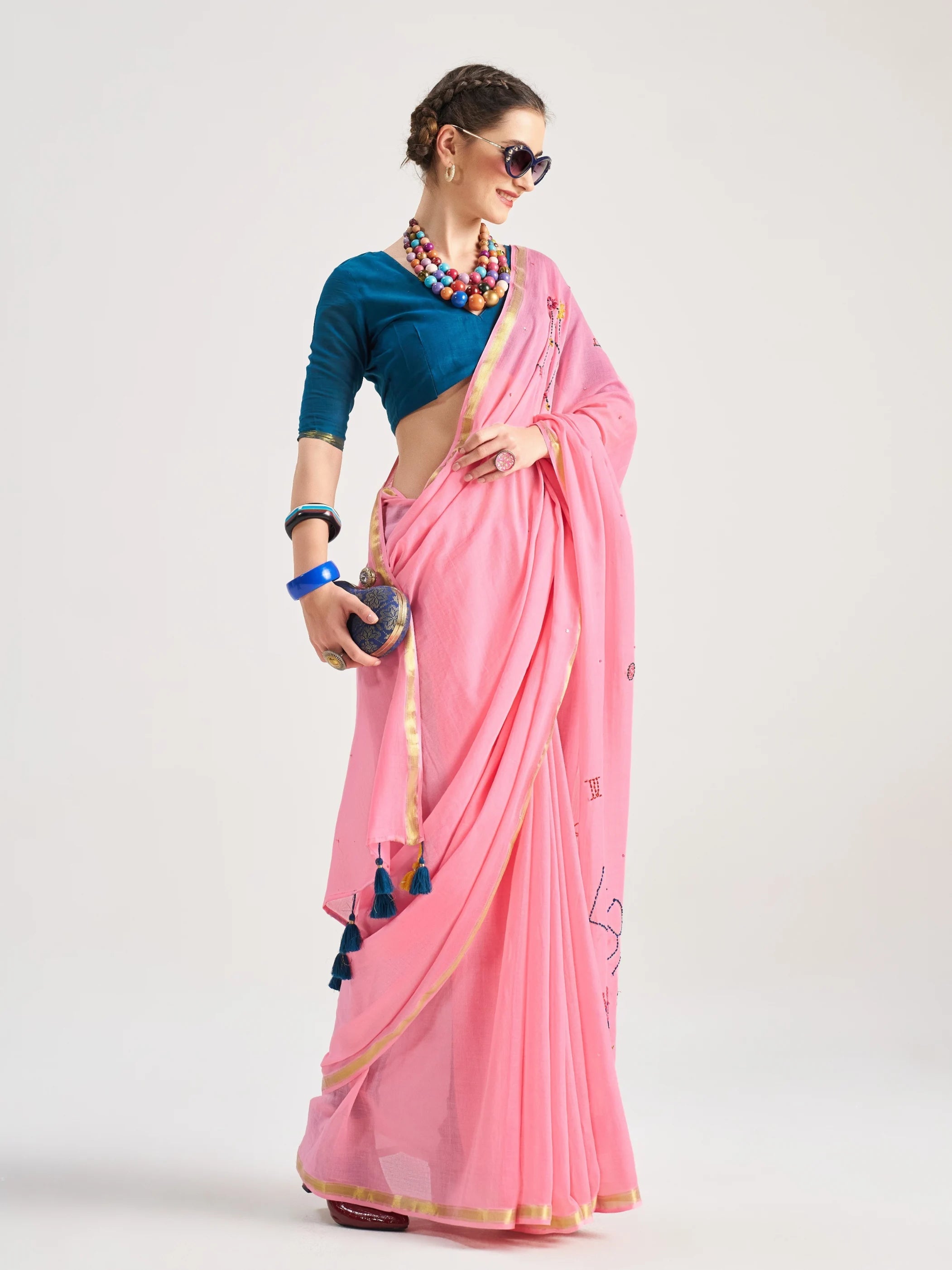 ROSE PINK VISCOSE MUL LIBRA VEDIC ZODIAC THREAD WORK SAREES