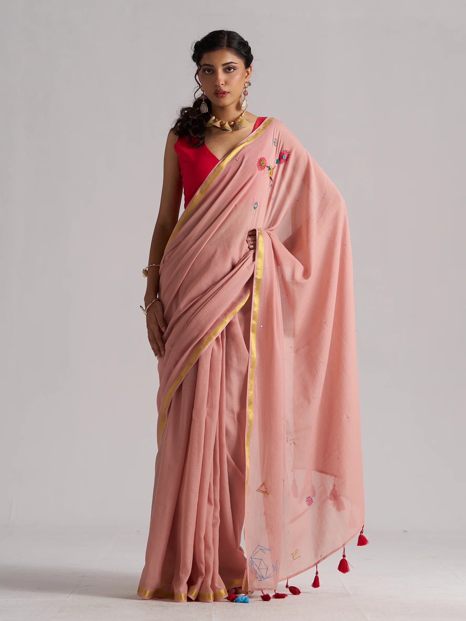 ROSE PINK MULMUL COTTON THREAD WORK SAREES