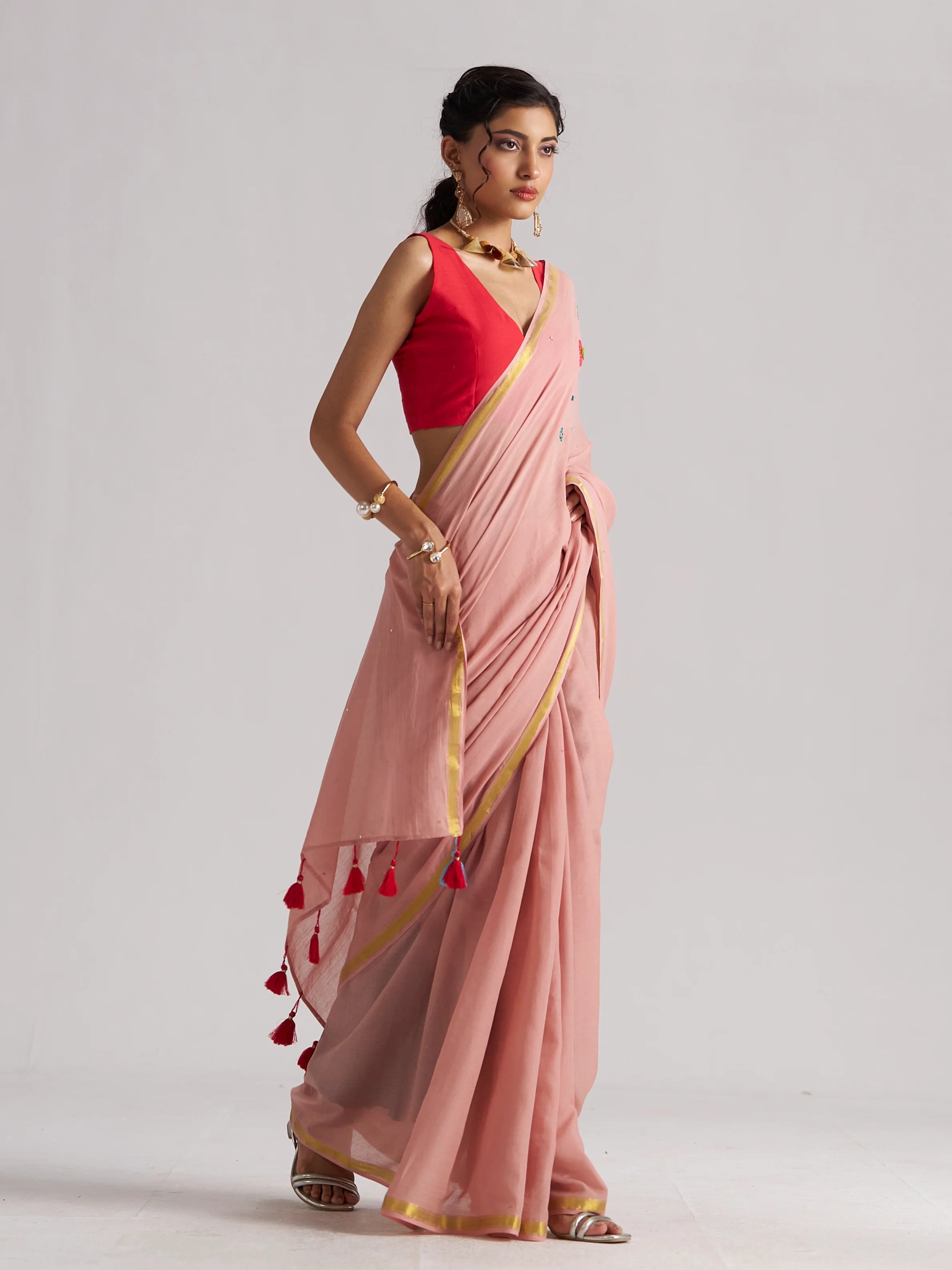ROSE PINK VISCOSE MUL THREAD WORK SAREES