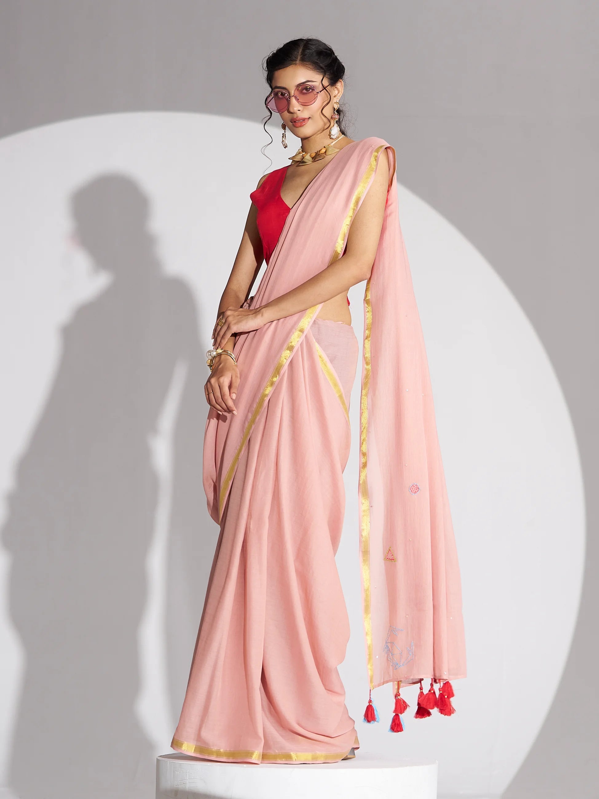 ROSE PINK VISCOSE MUL THREAD WORK SAREES