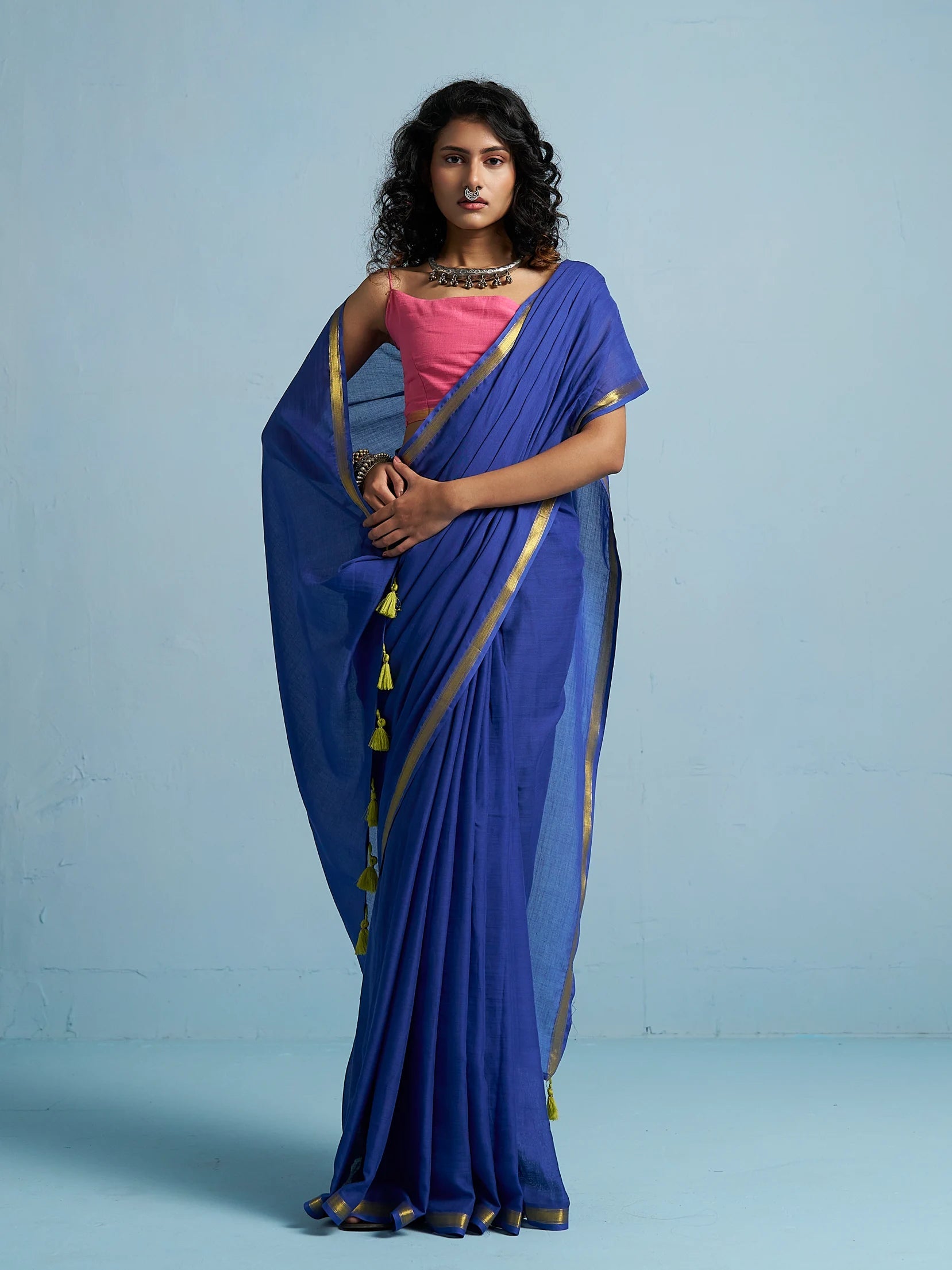 ROYAL BLUE MULMUL COTTON LIVA SOLID SAREE