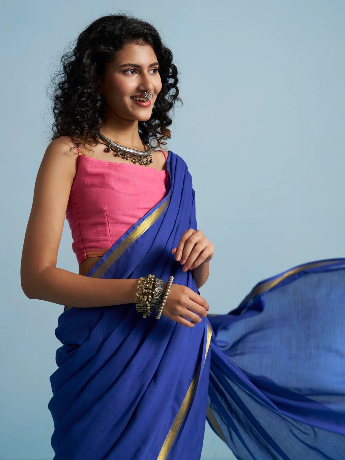 ROYAL BLUE MULMUL COTTON LIVA SOLID SAREE