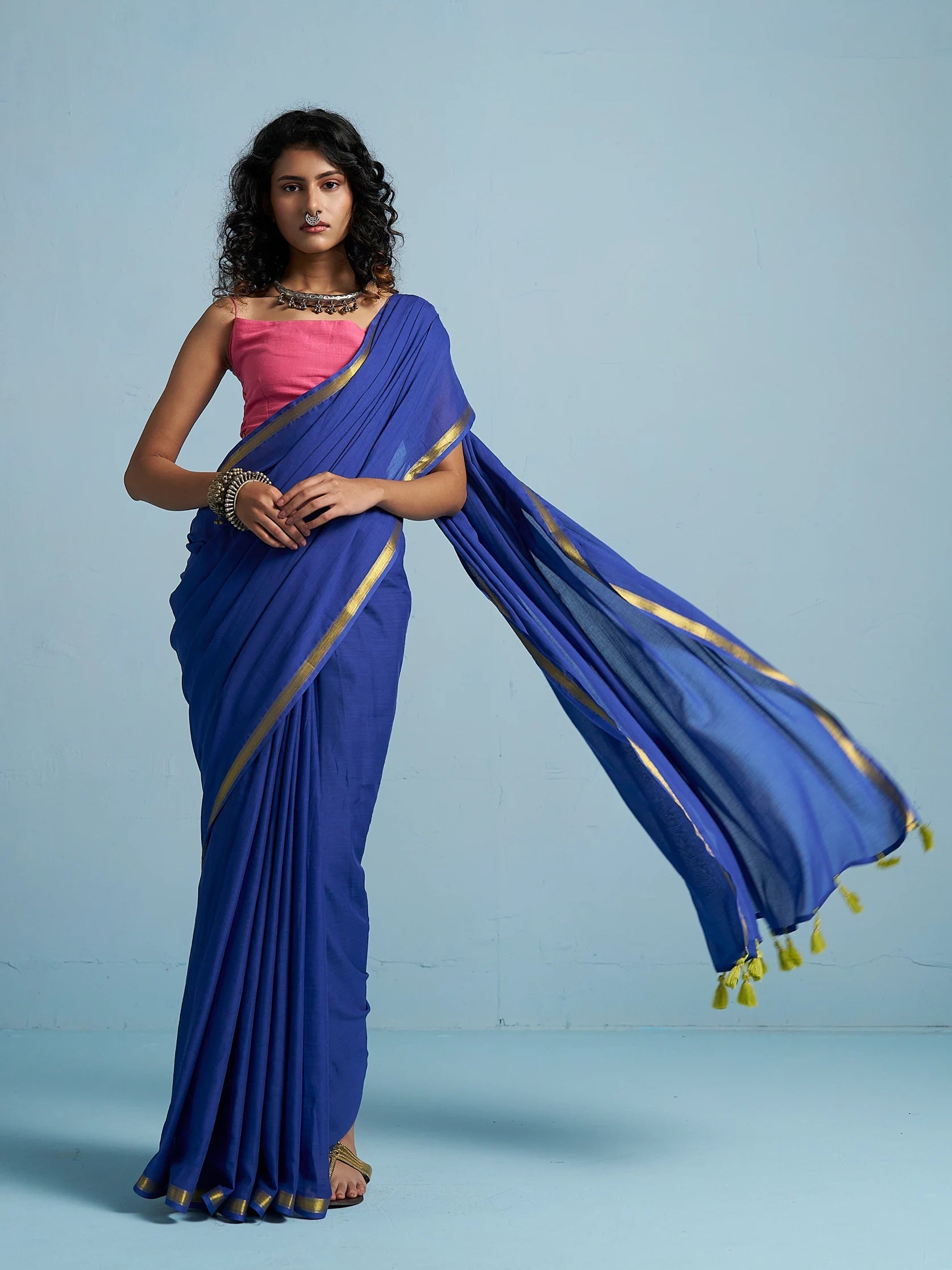 ROYAL BLUE VISCOSE MUL LIVA SOLID SAREE