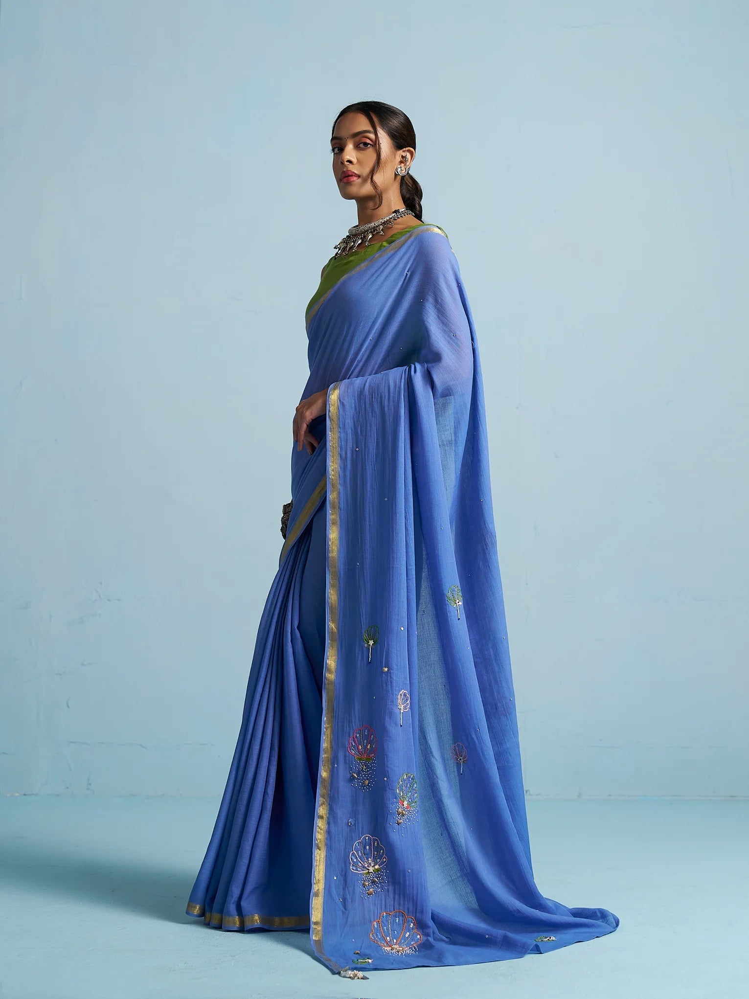 ROYAL BLUE VISCOSE MUL THREAD WORK SAREES