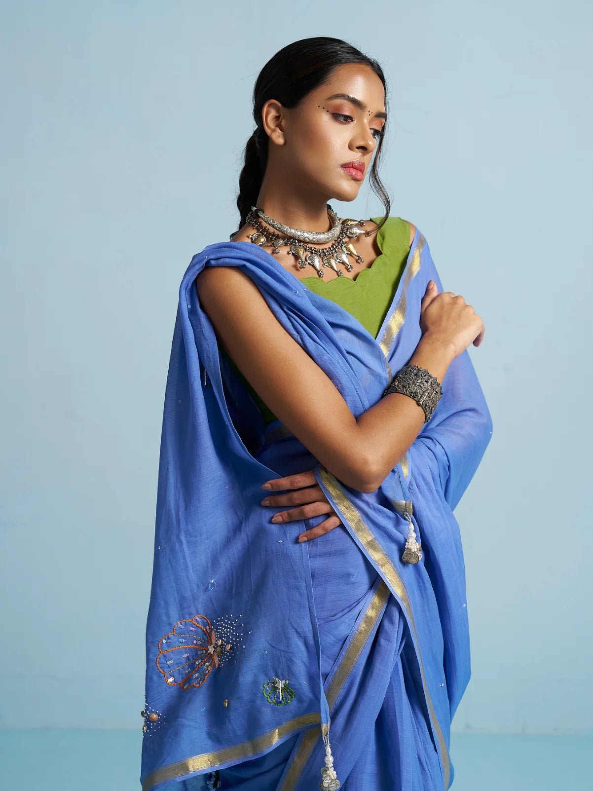 ROYAL BLUE VISCOSE MUL THREAD WORK SAREES