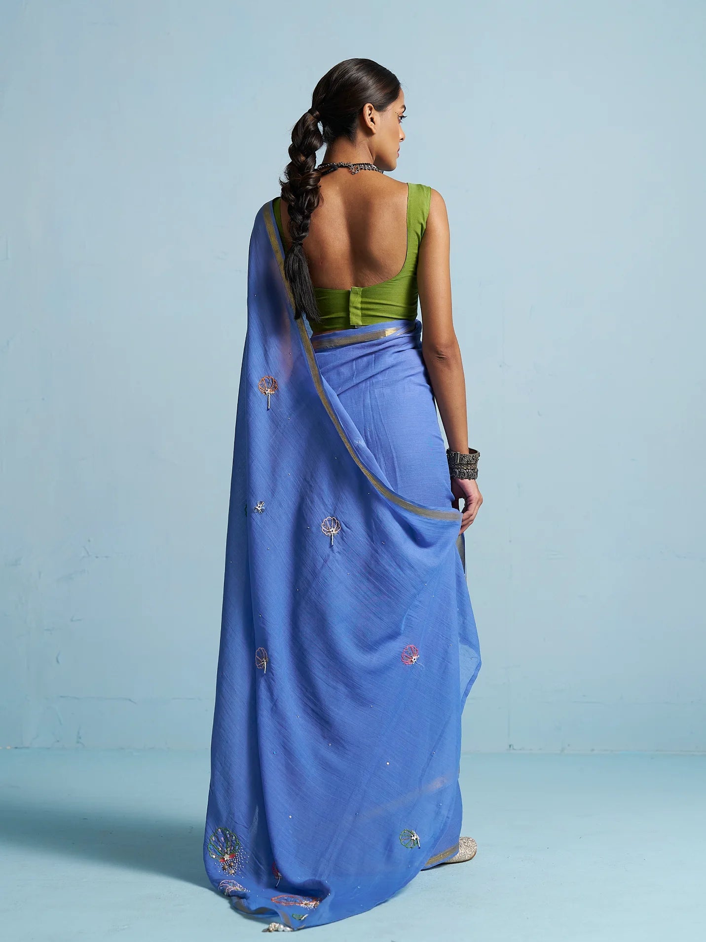 ROYAL BLUE VISCOSE MUL THREAD WORK SAREES