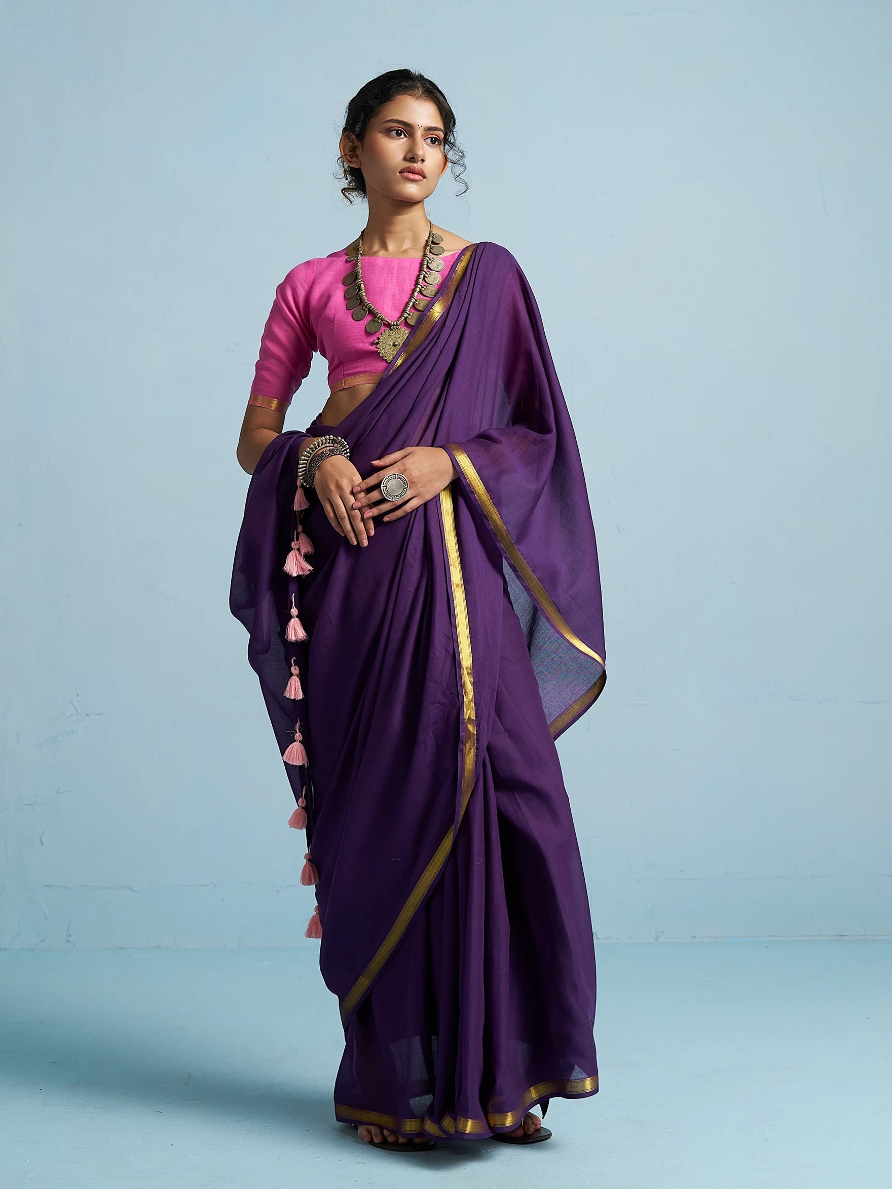 ROYAL PURPLE VISCOSE MUL LIVA SOLID SAREE