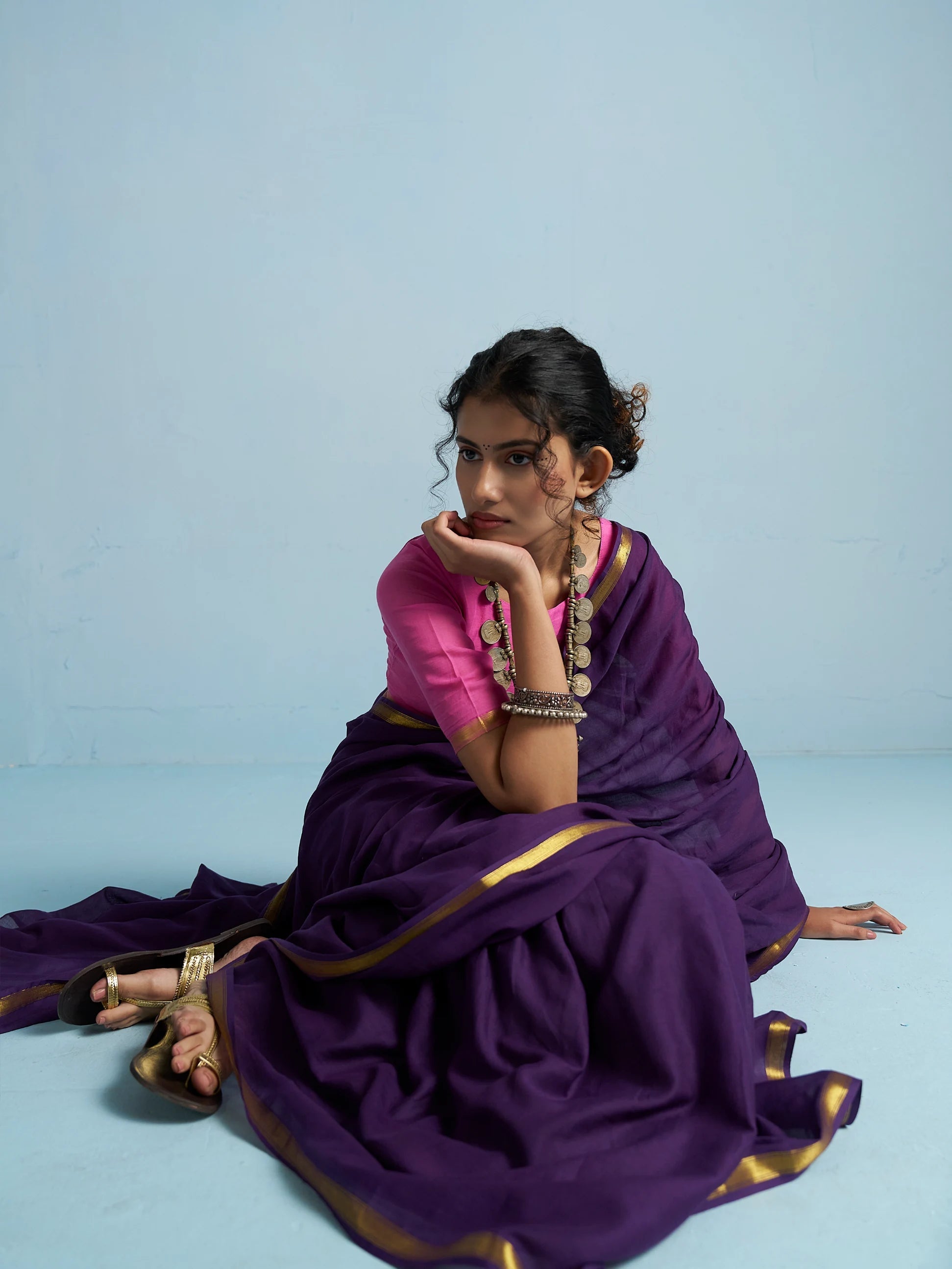 ROYAL PURPLE MULMUL COTTON LIVA SOLID SAREE