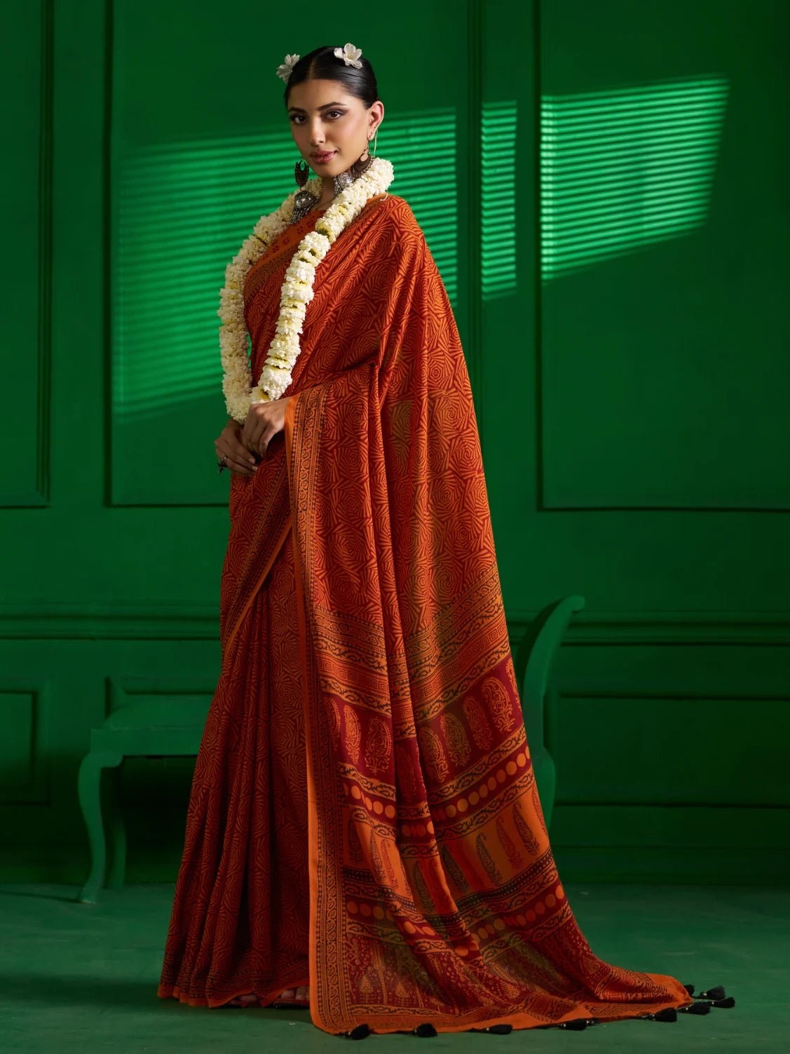 RUST IRON SHADE VISCOSE MUL BAGH PRINT SAREE