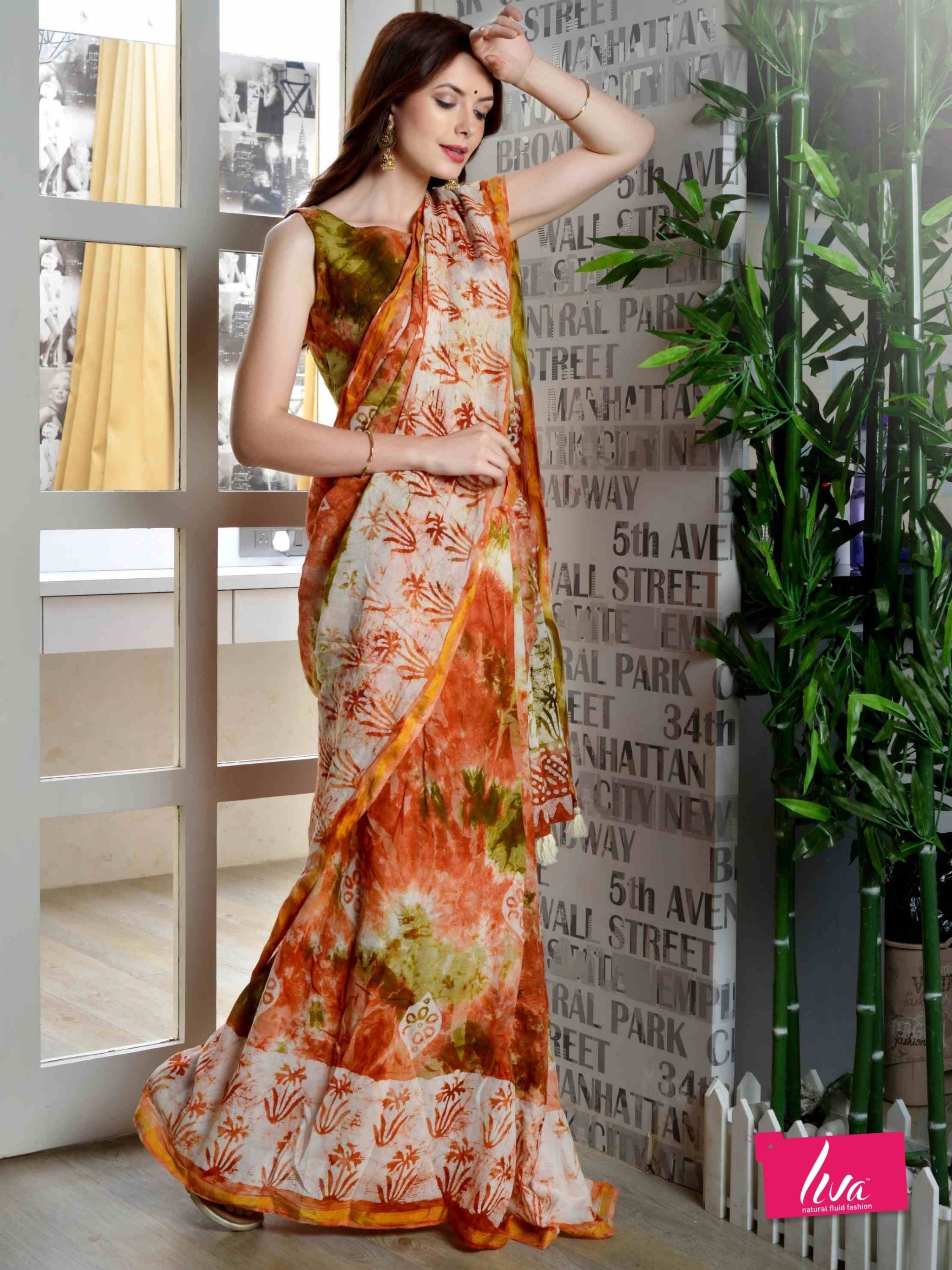 RUST ORANGE VISCOSE MUL LIVA BATIK PRINTED SAREE