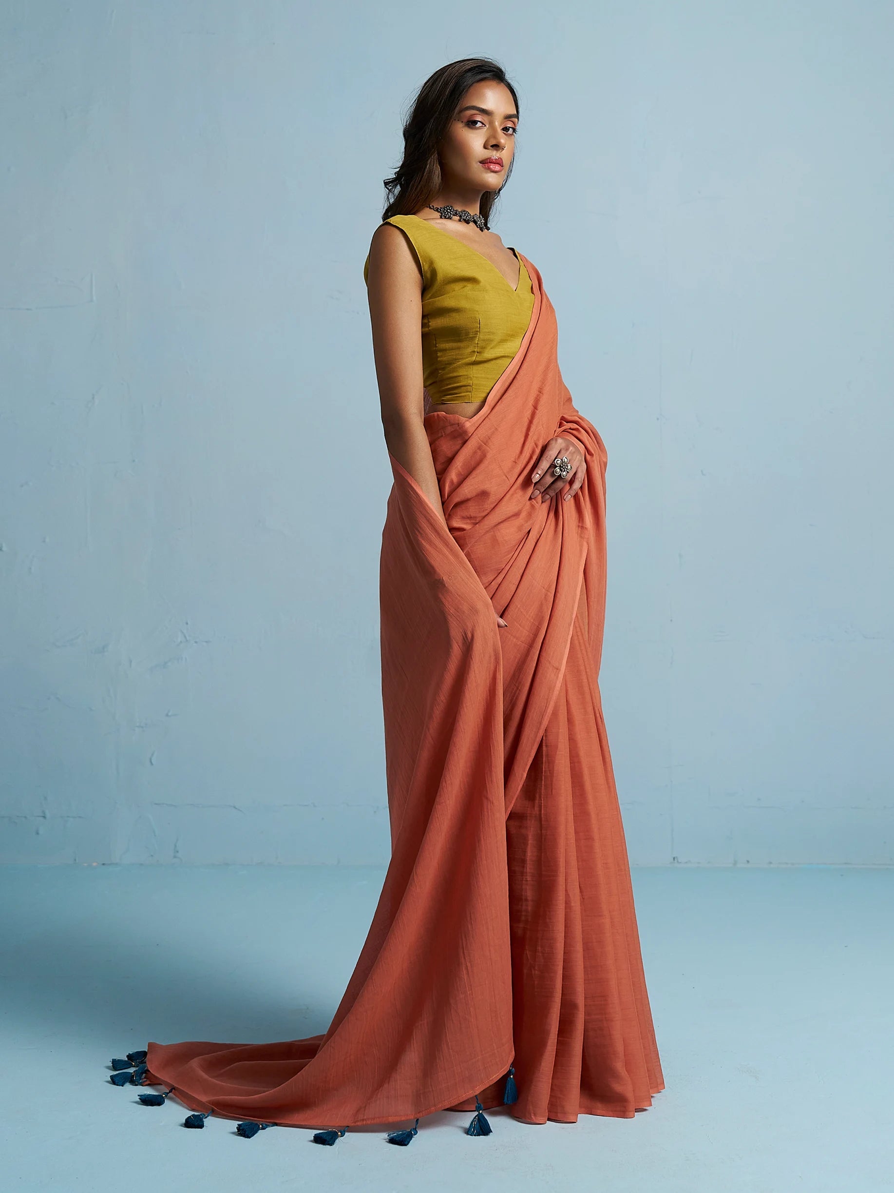 RUST ORANGE MULMUL COTTON LIVA SOLID SAREE