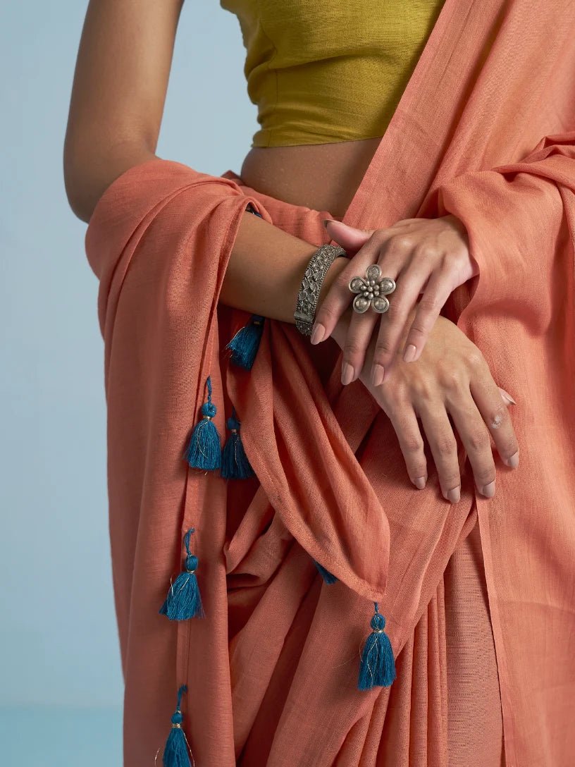 RUST ORANGE MULMUL COTTON LIVA SOLID SAREE