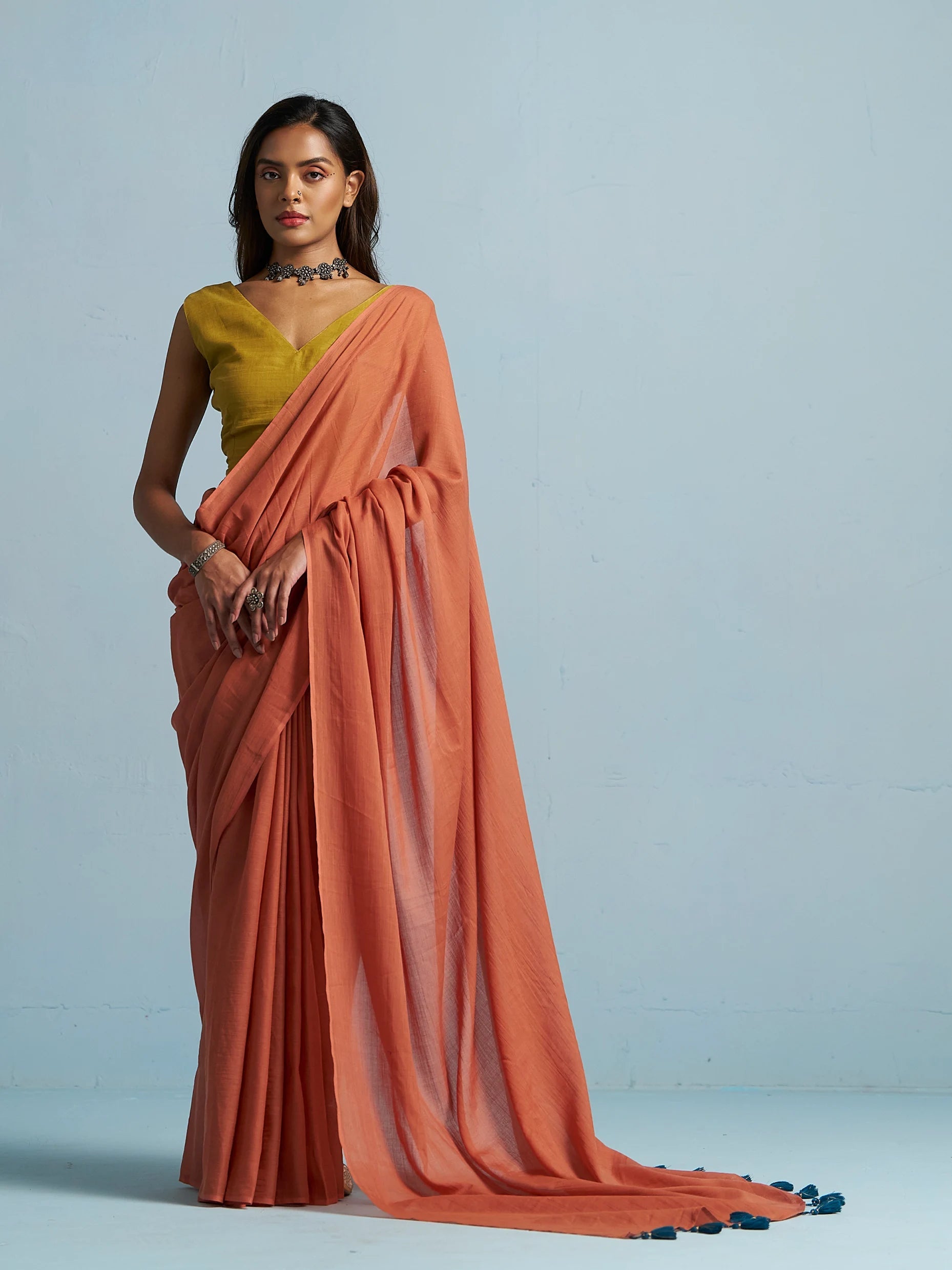 RUST ORANGE VISCOSE MUL LIVA SOLID SAREE