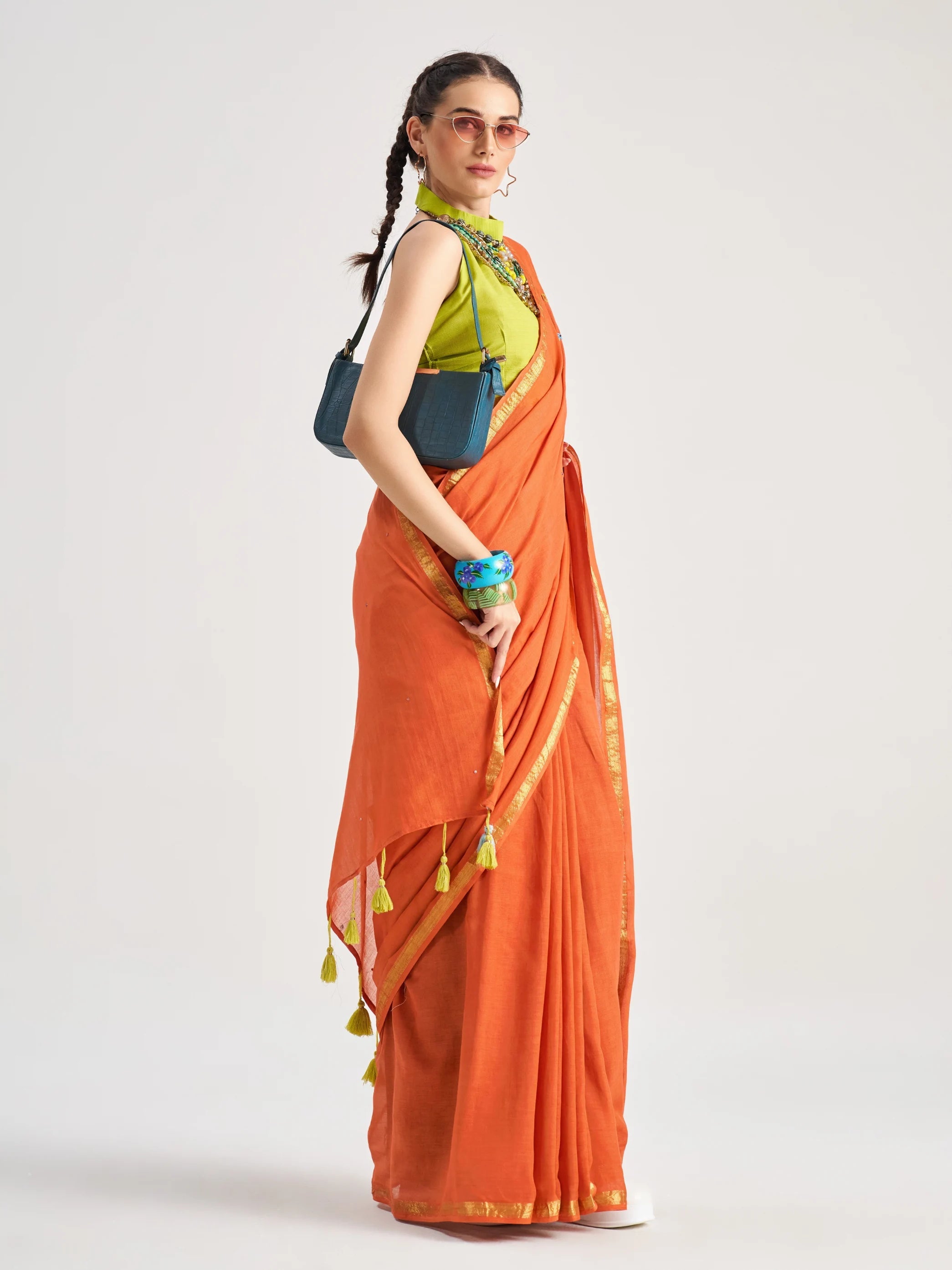 RUST ORANGE MULMUL COTTON TAURUS VEDIC ZODIAC THREAD WORK SAREES
